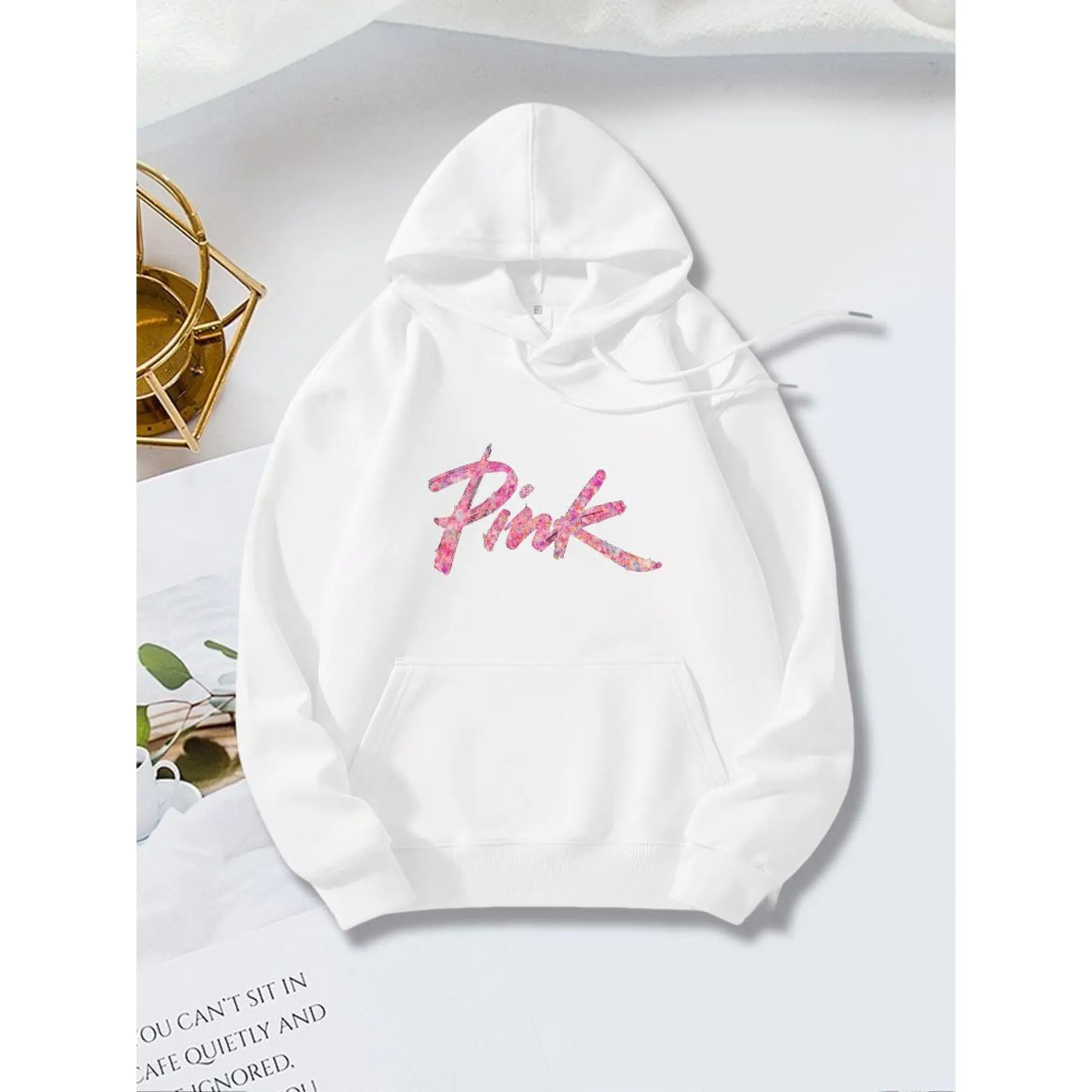 Valentine'S Day Gift: Black Hooded Sweatshirt with  Pink "Pink" Letter Print - Unisex Comfortable Pullover, Casual Winter Wear, Drawstring Hood And Front Pockets, Easy And Cute Street Style (Machine Washable)