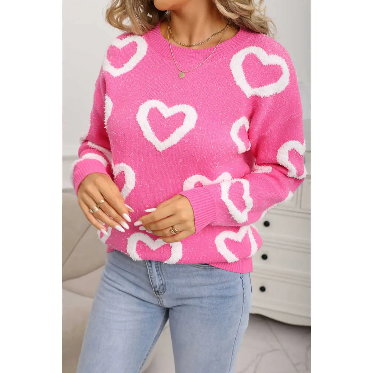 Rose Red Chenille Heart Print Valentines Day Sweater