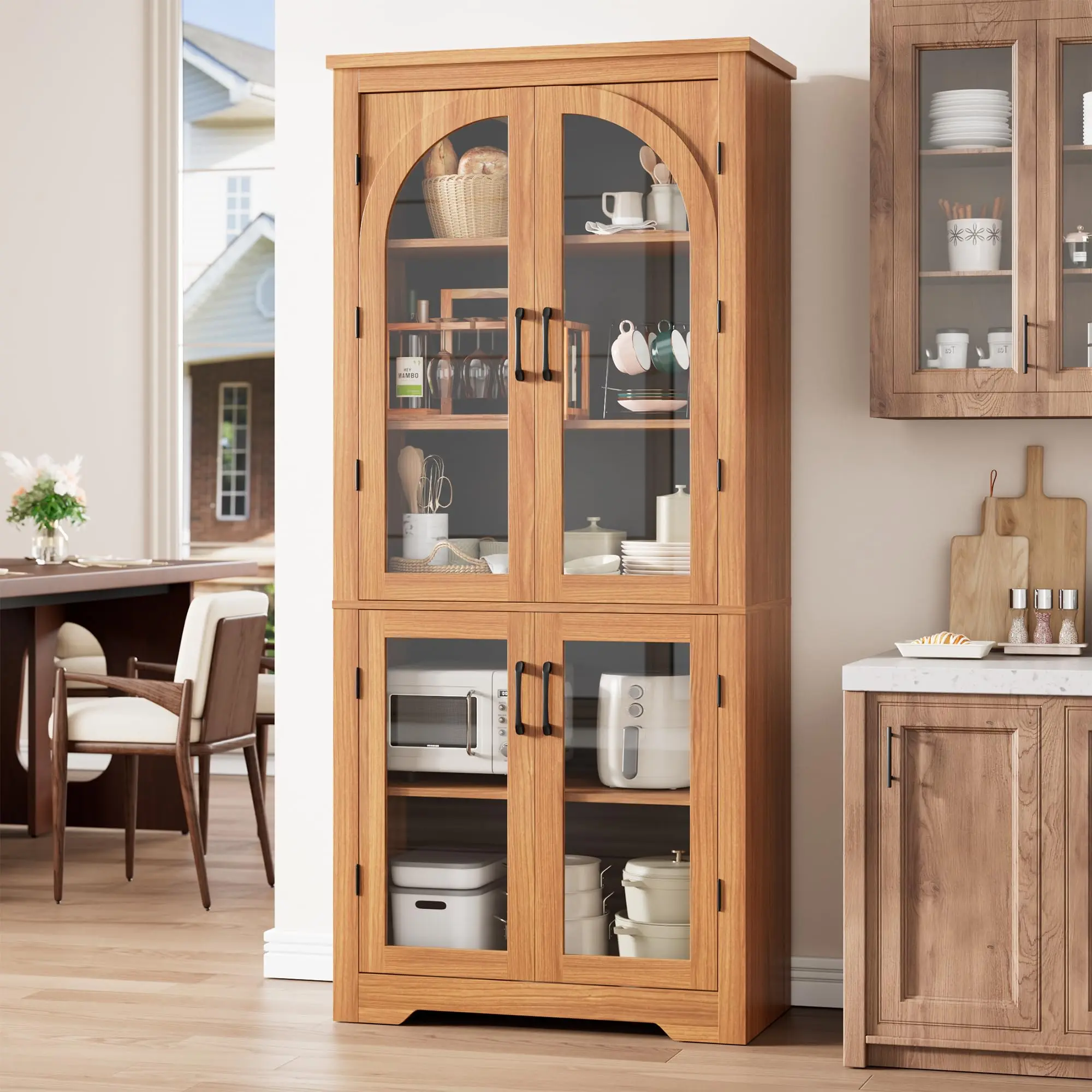 Garvee 70" Tall Kitchen Pantry Cabinet - Modern Display Cabinet with 4 Arched Glass Doors and Adjustable Shelves, Versatile Cupboard Organizers for Kitchen, Dining Room, Living Room, Bathroom, Walnut