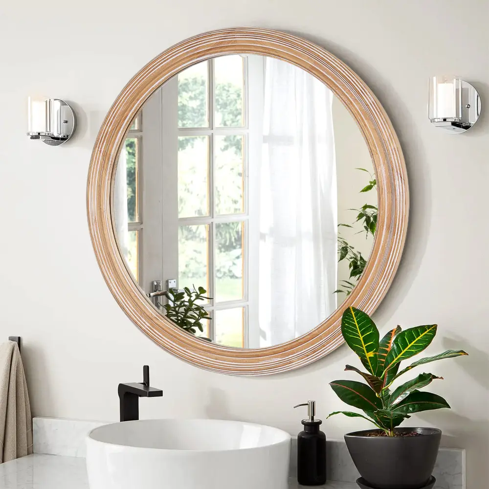 Littleox Round Wood Framed Wall Mirror with Ribbed Detail, 23.62" Natural Wooden Circle Mirror for Bathroom, Bedroom, Entryway, Coastal & Farmhouse Style Decorative Mirror