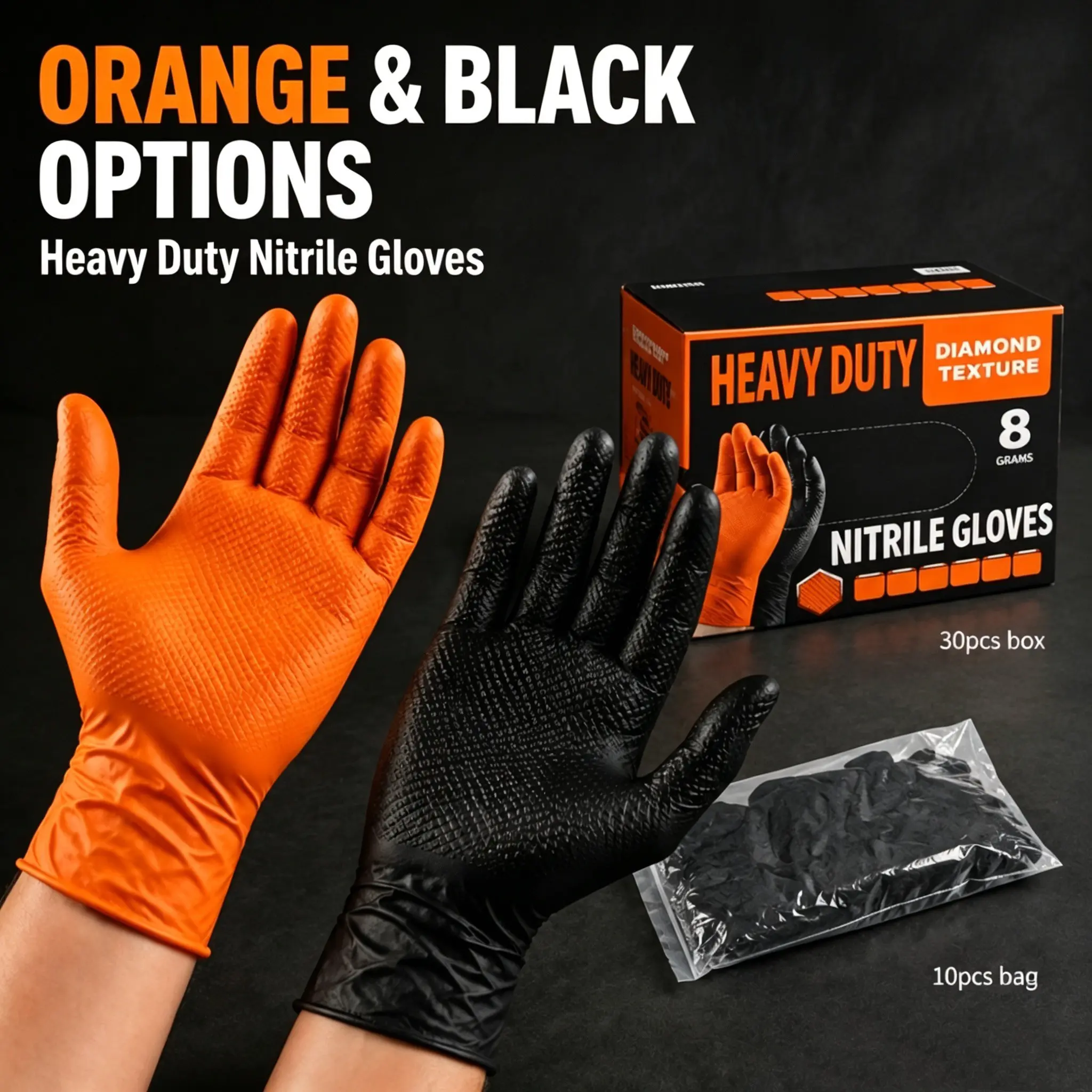 Thickened Disposable Orange Diamond Texture Nitrile Gloves, 10/30 PCS Pack, Heavy Duty 8 Mil, Raised Diamond Grip, Powder-Free & Latex-Free. Orange/Black diamond pattern thick gloves, suitable for auto repair, outdoor work, kitchen and home cleaning.