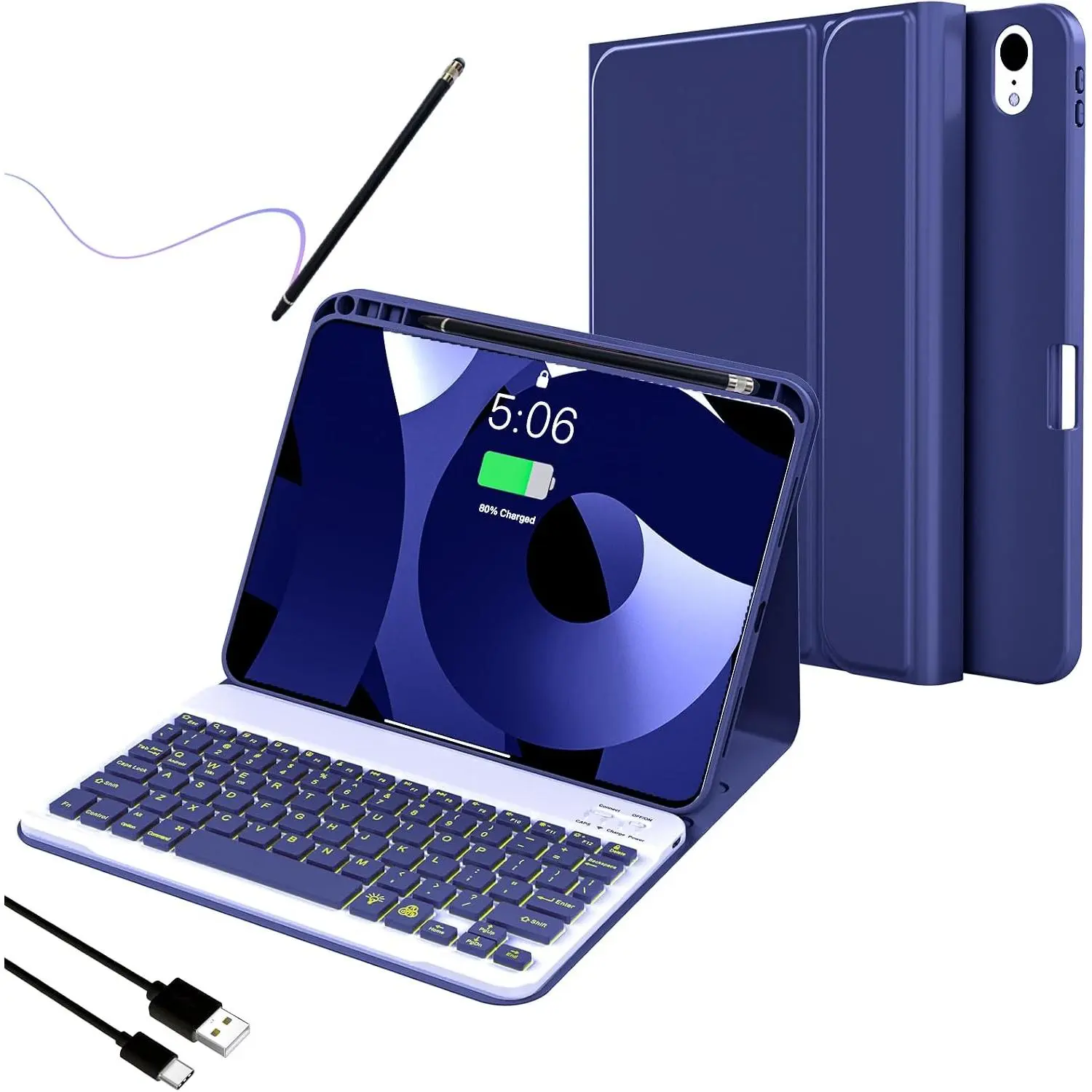 for iPad 10th Generation Case with Keyboard,Adjustable 7 Color Backlit, Detachable with Pencil Holder, Keyboard for 10.9 inch 2022(Included Capacitor Pen Cleaning Cloth),Navy Blue