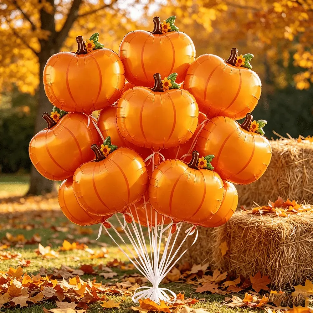 12Pcs Pumpkin Foil Balloons with White Ribbons, Large Autumn Pumpkin Balloons for Halloween & Thanksgiving Decor, Party Supplies for Baby Shower, Birthday, Harvest Fall Celebrations