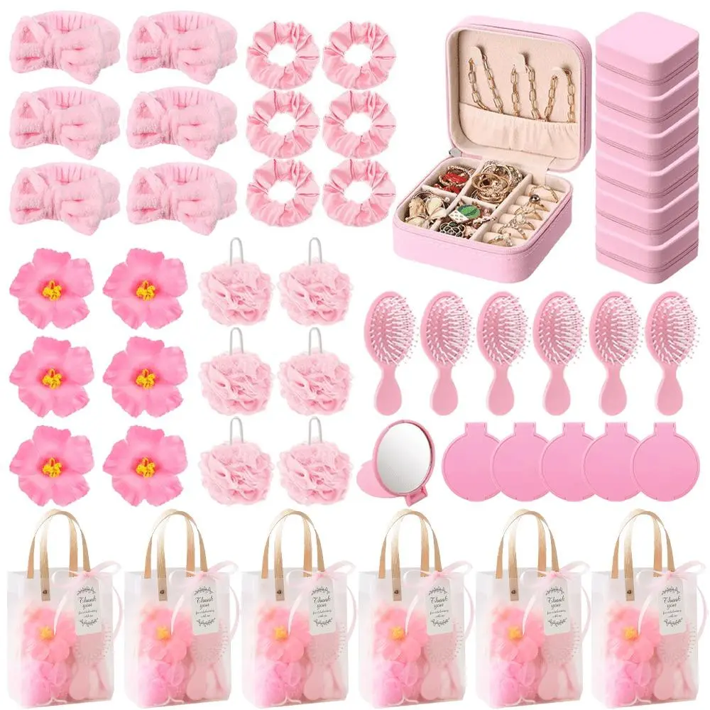 55 Pcs Sleepover Bachelorette Party Spa Favors Game Prize, Include Small Travel Jewelry Case, Flower haiclip, Makeup Mirror, Bath Sponge, Hair Brush, Bow Headband, Scrunchie, Tag Card, Silk Ribbon, For Slumber Party Wedding Birthday Party Favors Gifts