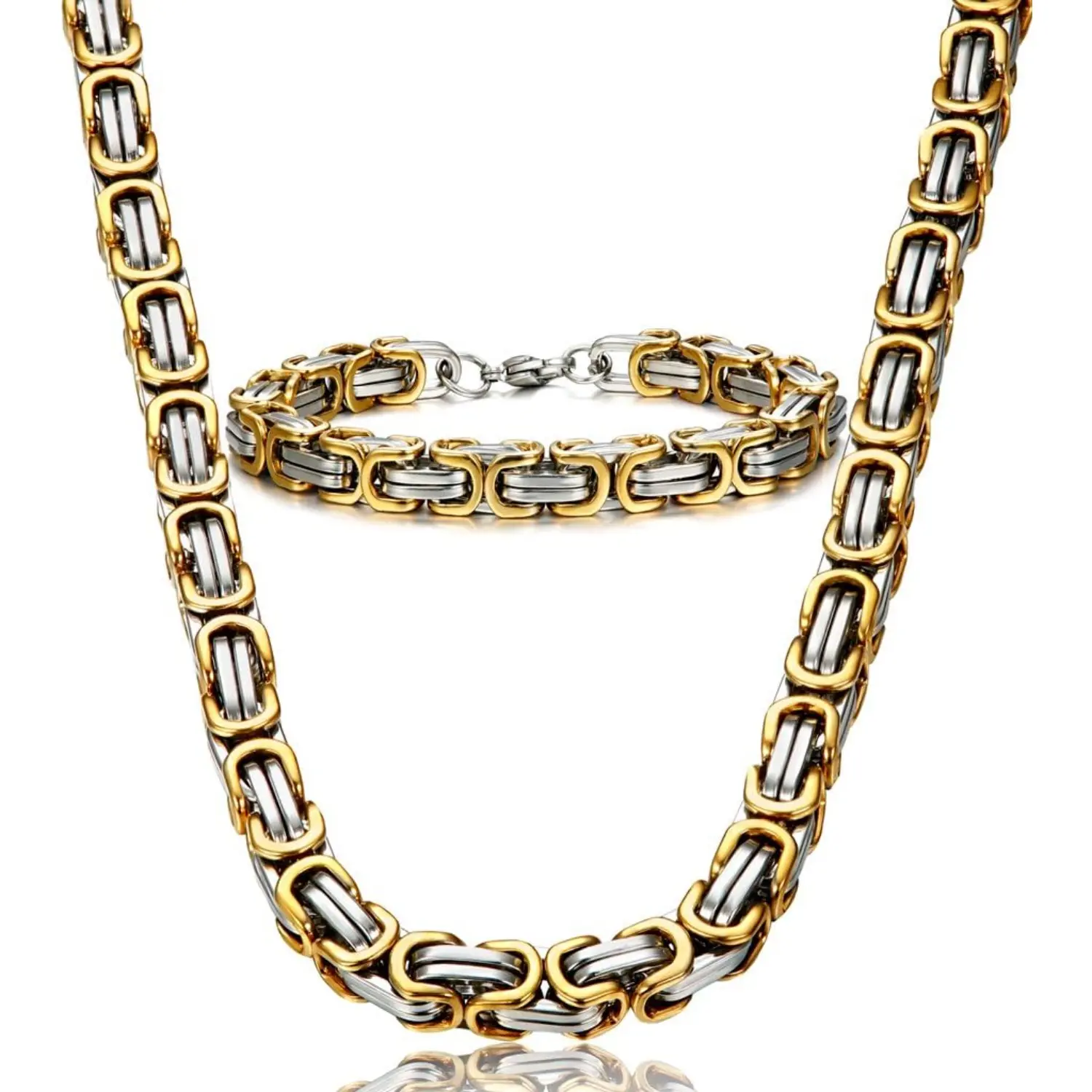 Men's 2-Piece Stainless Steel Byzantine Link Jewelry Set - Durable Chain Necklace & Bracelet, Classic Punk Accessory for Daily Wear, Two Pieces