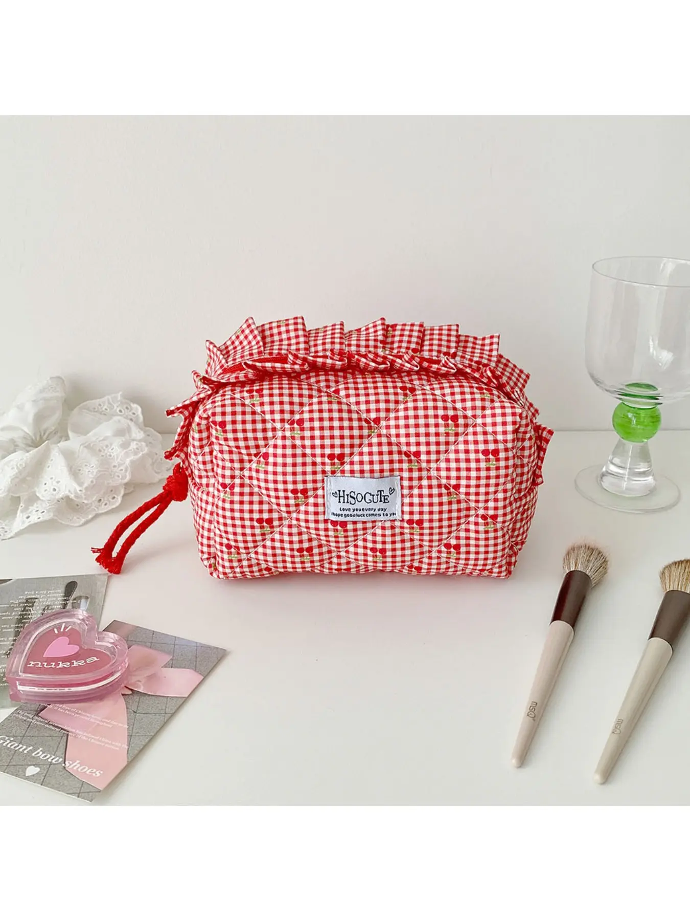 Small Cherry Grid Makeup Bag, Student Storage Bag, Large Capacity Stationery Pouch, Pen Case, Portable Notebook Material Organizer