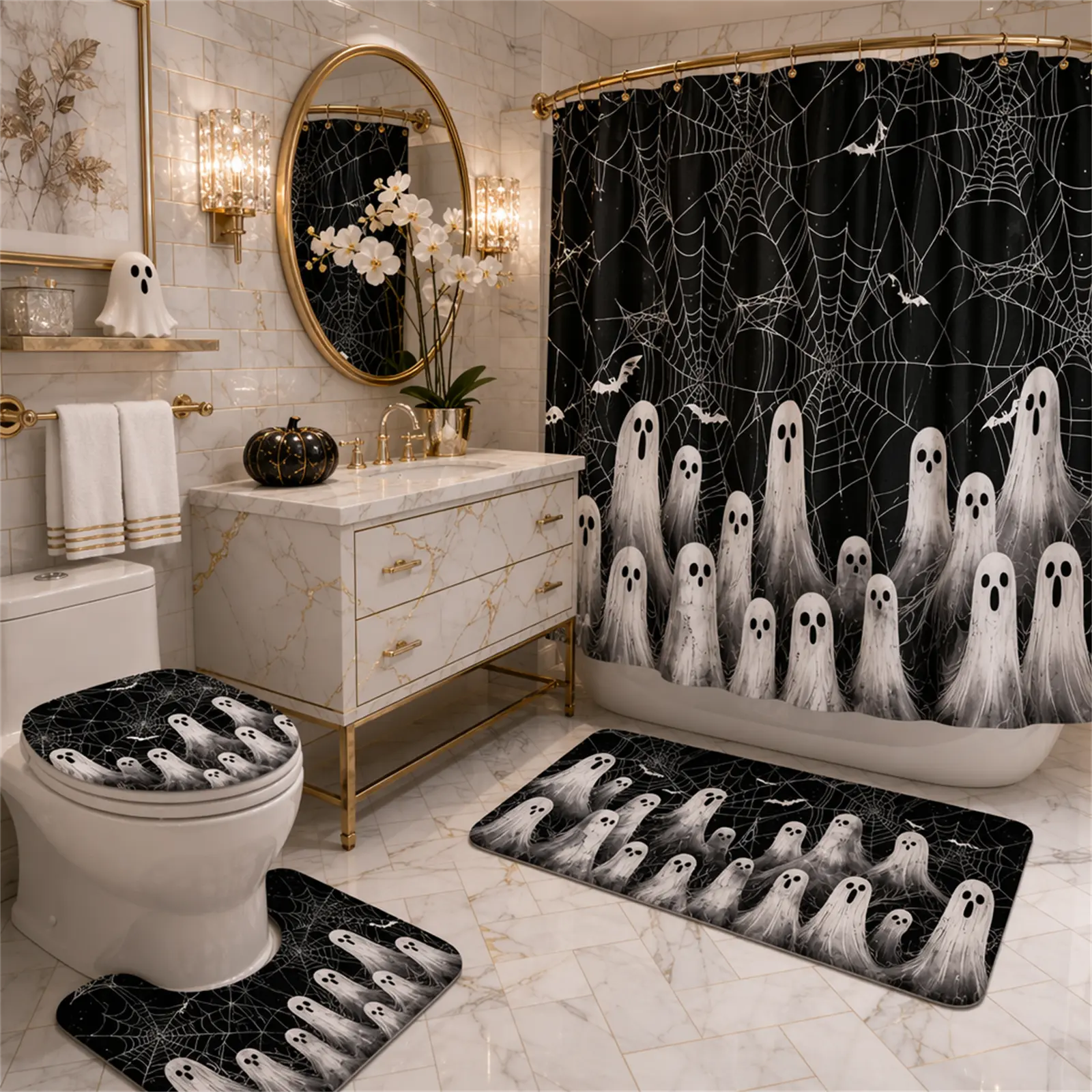 Black Spider Web Ghost Bat 4 Piece Shower Curtain Bathroom Set, Scary Group Ghost Halloween Spooky Print, Waterproof Fabric Shower Curtain, Non Slip Bath Mat, U-Shaped Contour Rug, Toilet Lid Cover with 12 Hooks, Dark Gothic Halloween Bathroom Decor