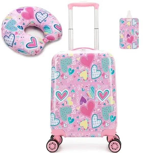 Girls' Hard-Shell ABS Plastic Spinner Luggage Travel Set with Spinner Wheels, Heart Prints, Playful Look, Travel Neck Pillow, Pink Luggage Tag