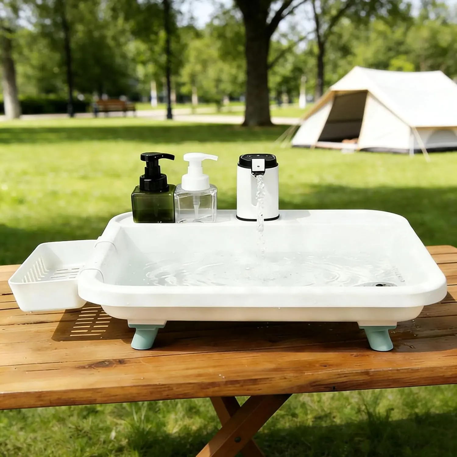 Portable Camping Sink with Electric Faucet, Hand Washing & Dish Washing Station with Drain Hose & Adjustable Stand, Lightweight Outdoor Sink for RV, Camping, Garden, Patio