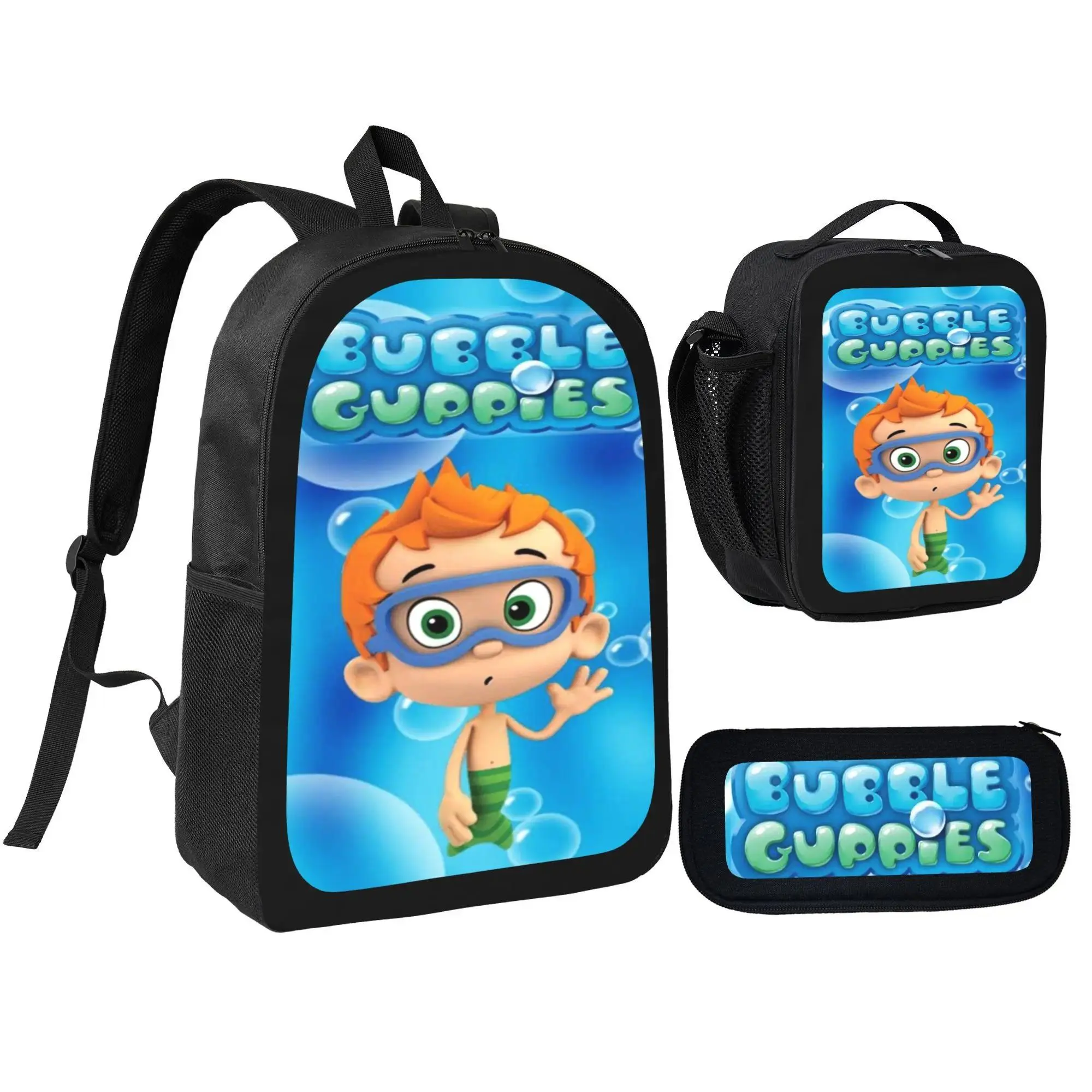 Bubble Guppies Cartoon Fan 3-in-1 Backpack Set - Synthetic Zipper Daypack with Insulated Lunch Bag, Pencil Case, Adjustable Lightweight Design, Chain Strap, Birthday Holiday Gift, Cartoon Print