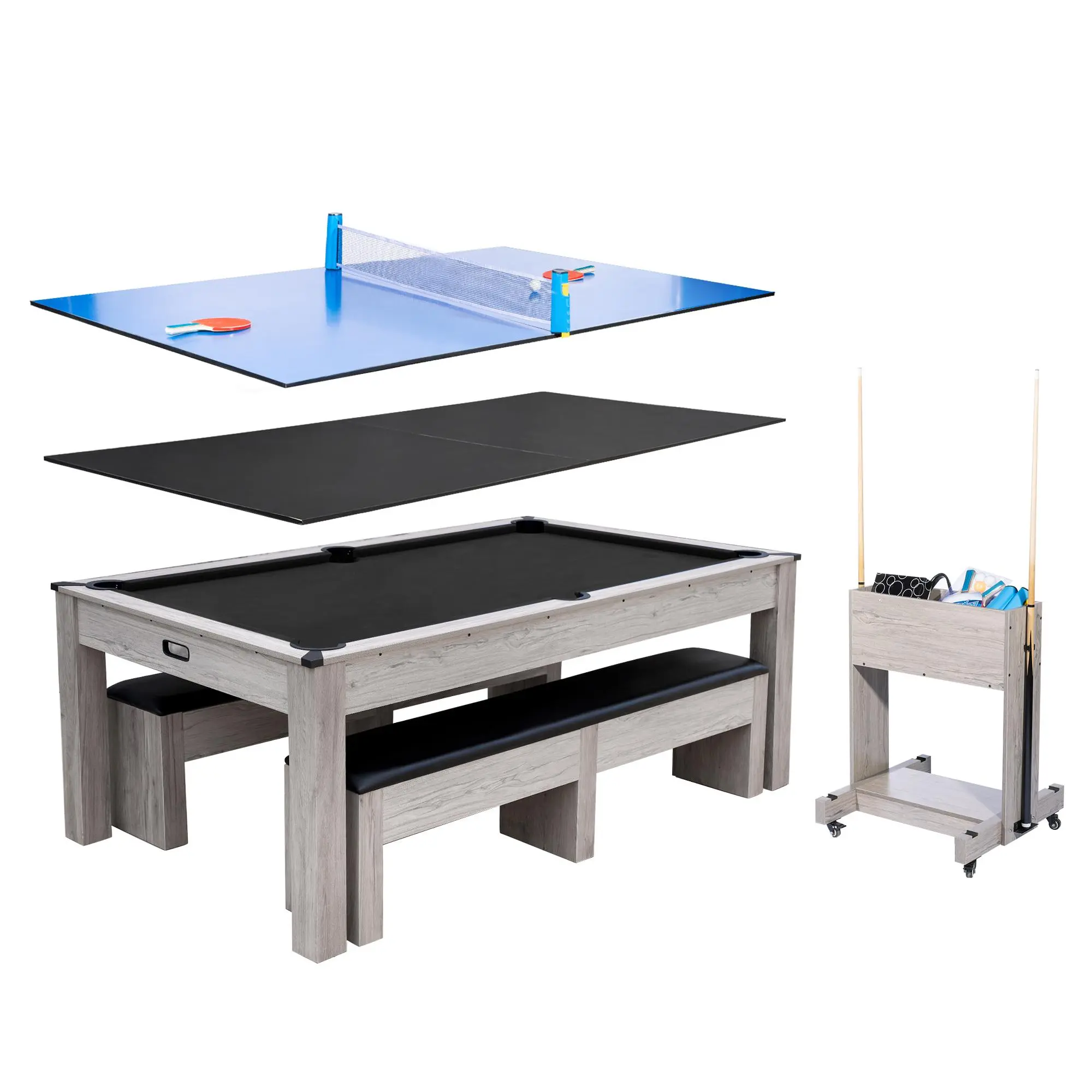 7FT 3-in-1 Convertible Pool Table Set, Dining Table & Ping Pong Table Combo with Rolling Storage Caddy, Professional 84" Billiard Table for Home Game Room, Includes All Accessories, Heavy Duty Space-Saving Design, Wood Grain
