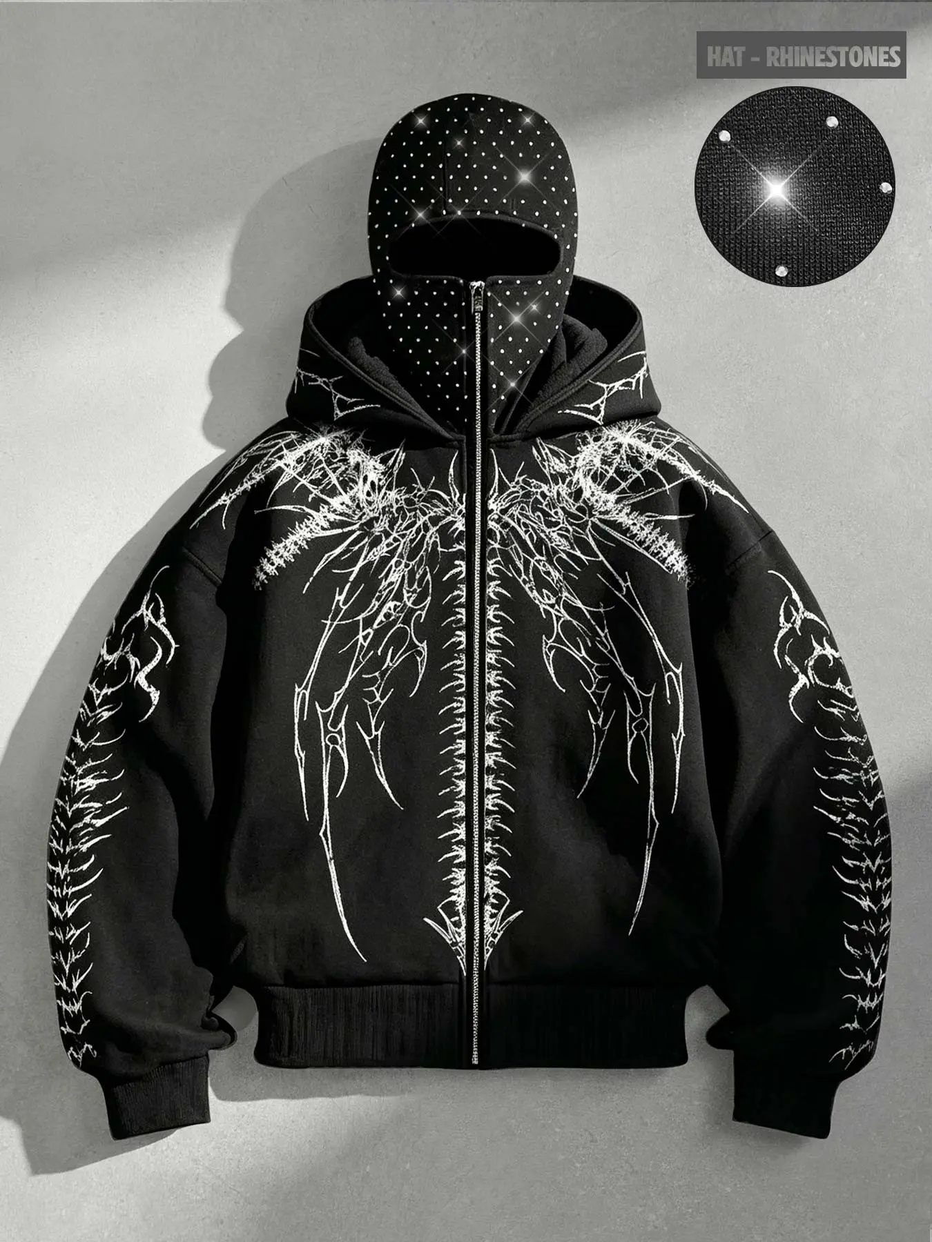Rhinestone Gothic skeleton men's hoodie zipper sweatshirt with two hoods, Oversized, same style for men and women, geometric line cardigan jacket, fleece warm autumn winter jacket, street style zipper shirt, punk rock sweatshirt, Y2K, Fashion
