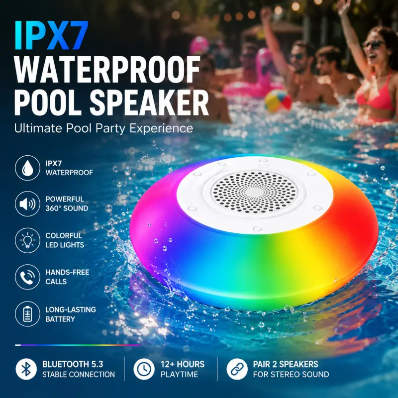 Portable Wireless Speaker with Colorful Lights, IPX7 Waterproof Floating Pool Speakers, Outdoor Portable Audio, Wireless Streaming for Shower, Hot Tub Use, Wireless Streaming Speakers
