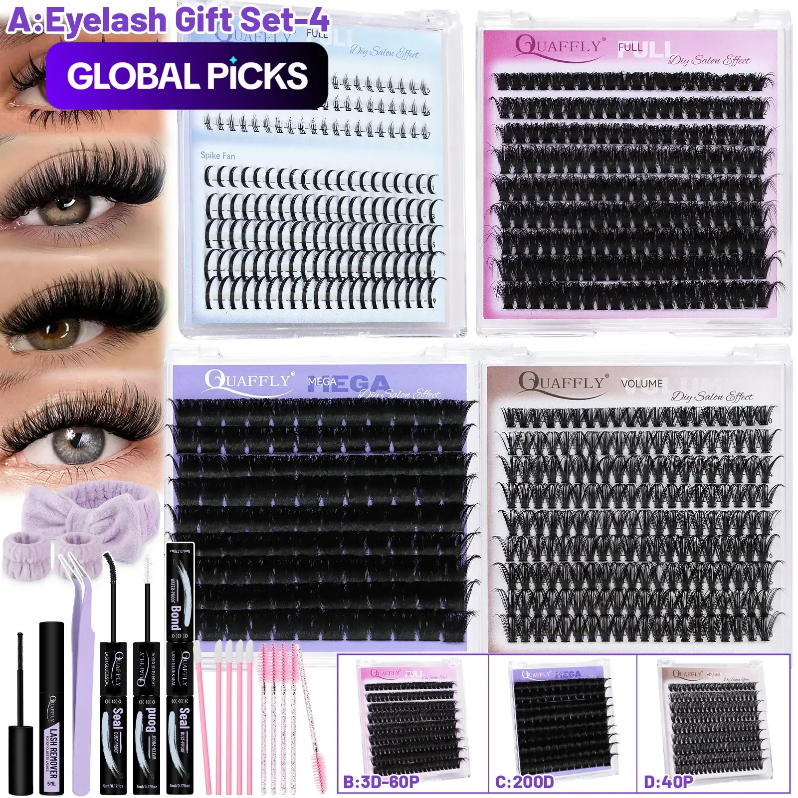 Quaffly A:4 Pack Eyelash Kit, Eyelashes Extension Kit, Including Eyelash Glue, Eyelash Bond, Eyelash Remover, Eyelash Curler, Eyelash Brush, Diy Lash Tools, Eye Makeup Tool for Women, Cosmetic Eyelash Set/B:3D-60D #GLOBAL PICKS