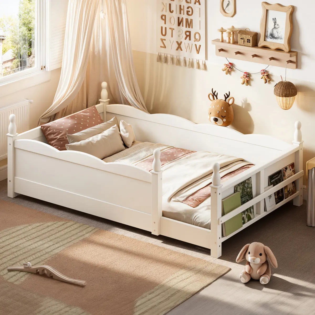 [Bellemave] Twin/Full/Queen Montessori Floor Bed with Full-Length Guardrails, Wooden Bed Frame with Beside Book Shelf, No Box Spring Needed, Easy Assembly