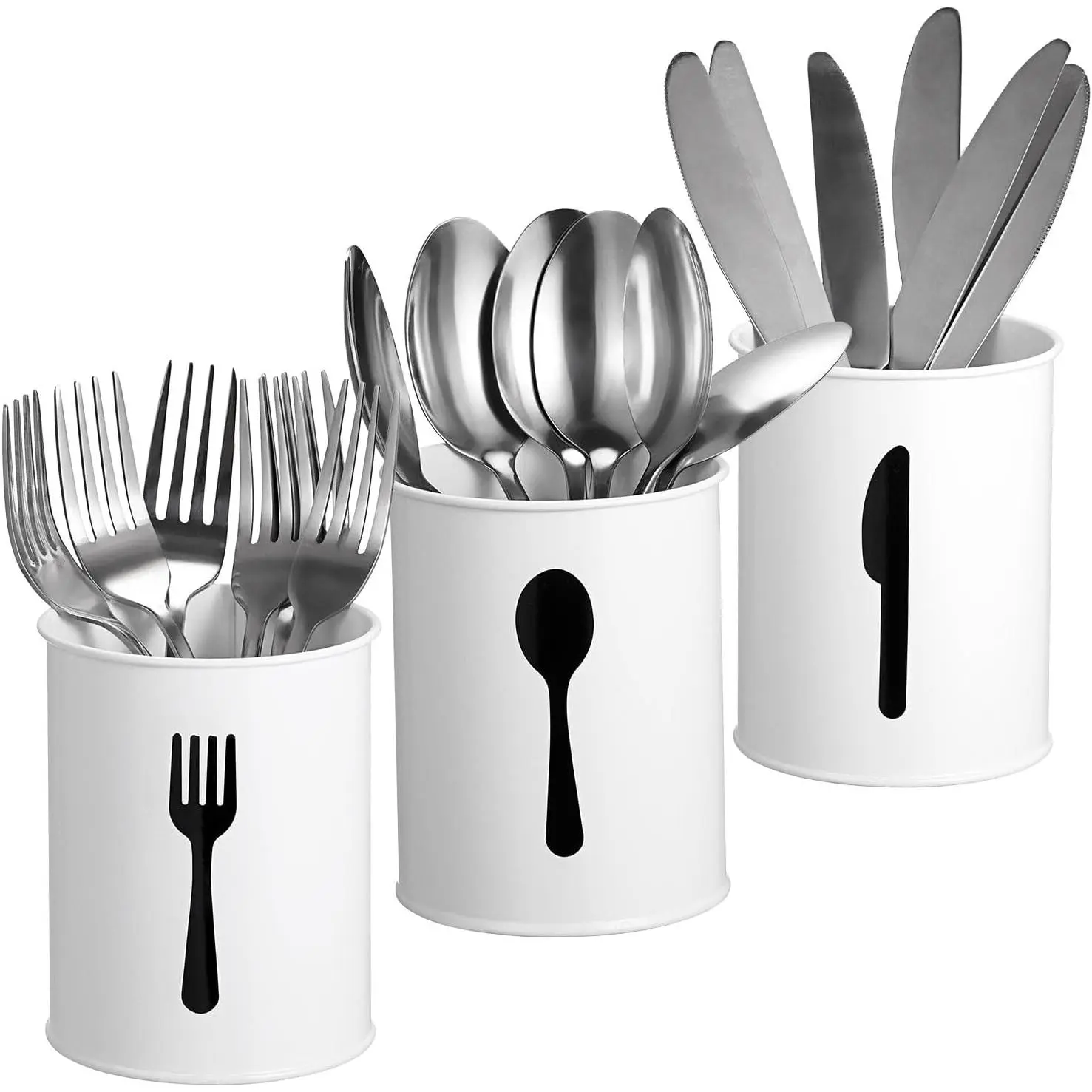 JUXYES 3-Piece Retro Farmhouse Metal Bucket Utensil Holder - Antique Silver Storage Caddy for Kitchen Countertop, Rustic White Knives, Forks & Spoons Organizer for Parties