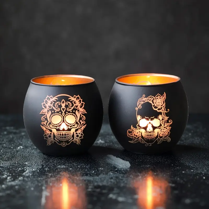 Set of 2 Sugar Skull Glass Candle Holders Gothic Day of the Dead Decor Red Black Vintage Tealight Holders for Halloween Home Table Mantel Decoration Candle Holders for Candlesticks
