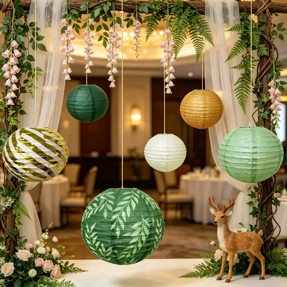 6Pcs/set Woodland Folding Paper Lantern, Woodland Hanging Paper Lanterns for Lawn Wedding Indoor Hotel Greenery Wedding Photo Prop Picnic Check-in Background Decor for Weddings Birthday Party Photobooth Background