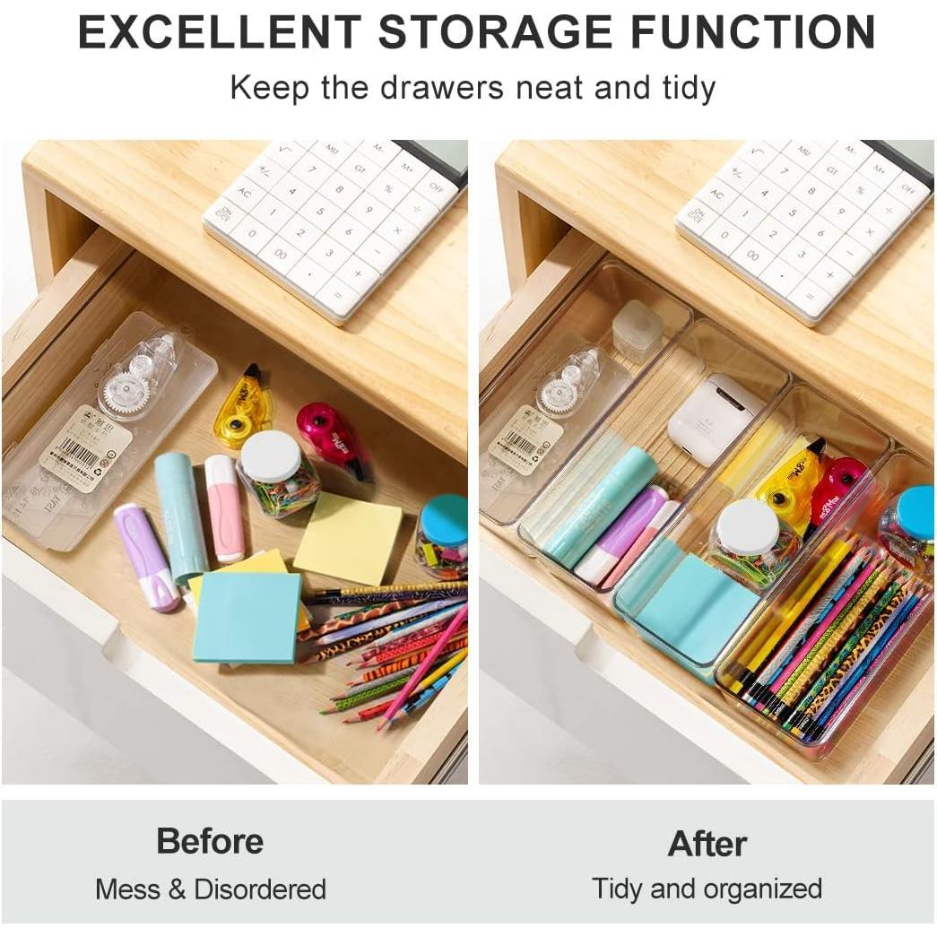 8 Pack Clear Plastic Drawer Organizers Set, Stackable Deep Drawer Organizer for Makeup Vanity and Desk, 2 Sizes Tall Bathroom Drawer Organizer