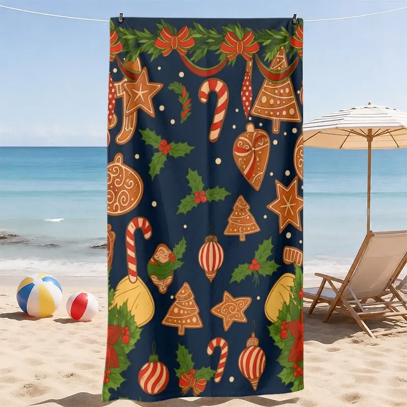 Christmas Theme Beach Towel, Gingerbread Man, Candy Cane, Christmas Tree Patterns, Soft Absorbent, Reusable, Perfect Gift for Holidays