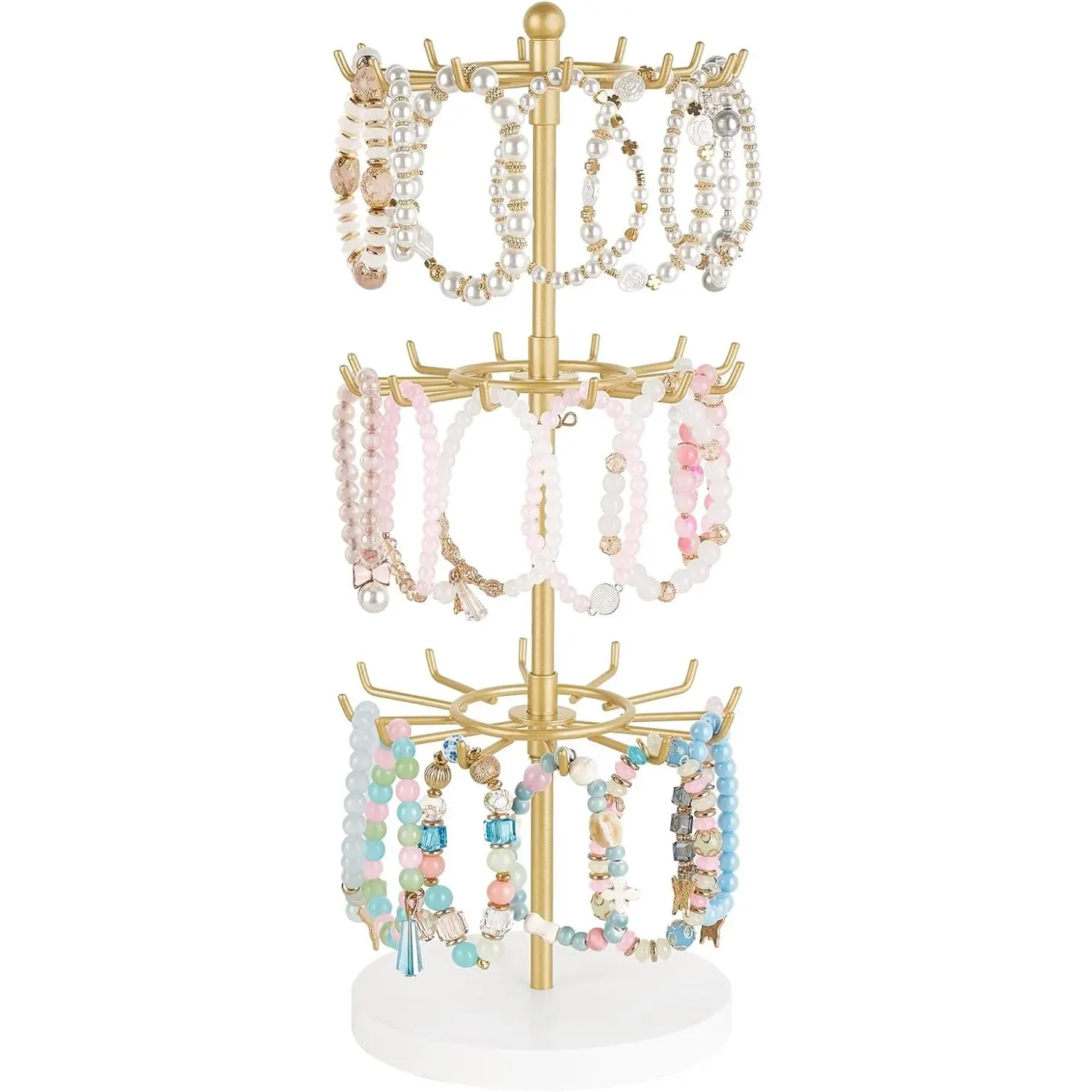 3-Tier Rotating Bracelet Display Stand - Wooden Minimalist Height-Adjustable Metal Tree Tower Organizer with 36 Hooks, Free Storage for Bracelets/Keys, Ideal for Retail Vendors & Decoration Use, Metal Base