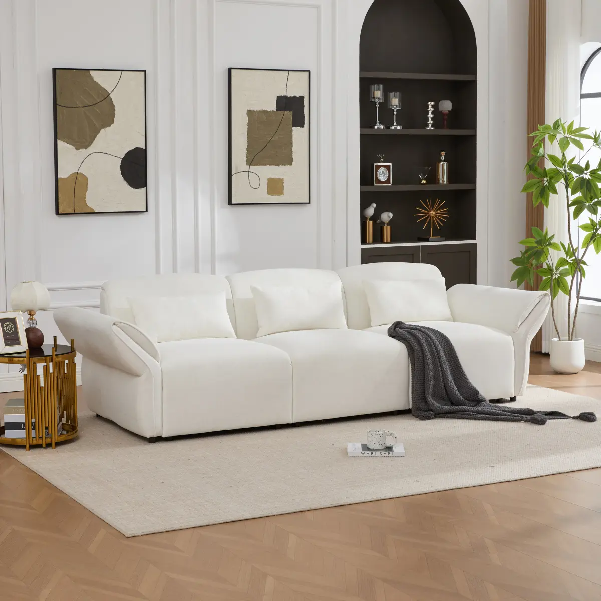 107" Vintage 3 Seater Cloud Couch, Comfy Deep Seat Upholstered Sofa with PlasticLegs, Soft Linen Couches with 3 Pillows for Living Room, Bedroom, Apartment