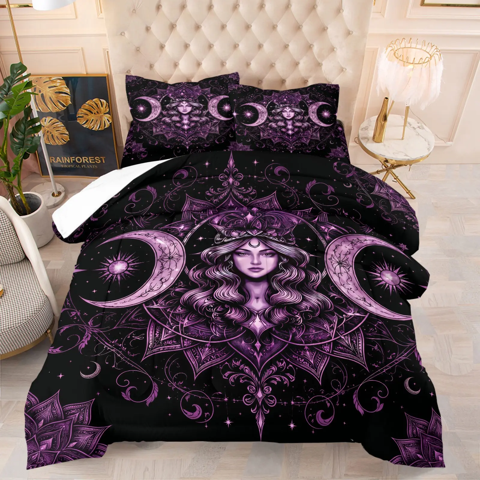 Mystical Purple Triple Moon Goddess & Star Comforter Set, Quilted Duvet Set, Soft Breathable Gothic Night Sky Bedding, 1 Quilt + 1/2 Pillowcases, Unique Witchy Gift Quilt for Bedroom, Dorm & Guest Room, Twin/Full/Queen Size, Quilt Sets