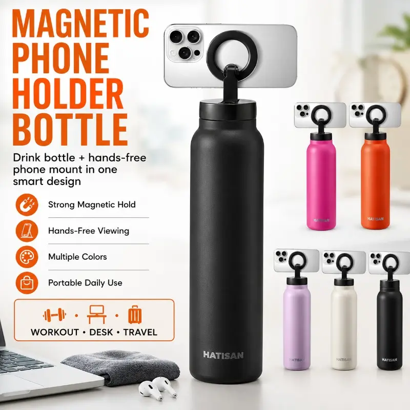 Magnetic Phone Holder Water Bottle, Stainless Steel Insulated Drink Bottle with Hands-Free Phone Mount, Strong Magnetic Hold Portable Bottle for Workout, Desk, Travel, Gym and Daily Use, Insulated Water Bottles