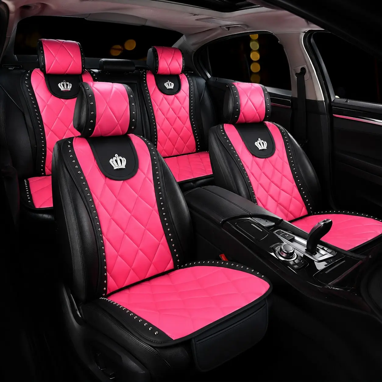 Luxury Retro Metal Rivet Queen Crown Rhinestone Car Seat Covers, Universal Fit Front & Rear Full Set Car Seat Covers, Car Interior Accessories, Car Seat Protectors, Car Seats Covers