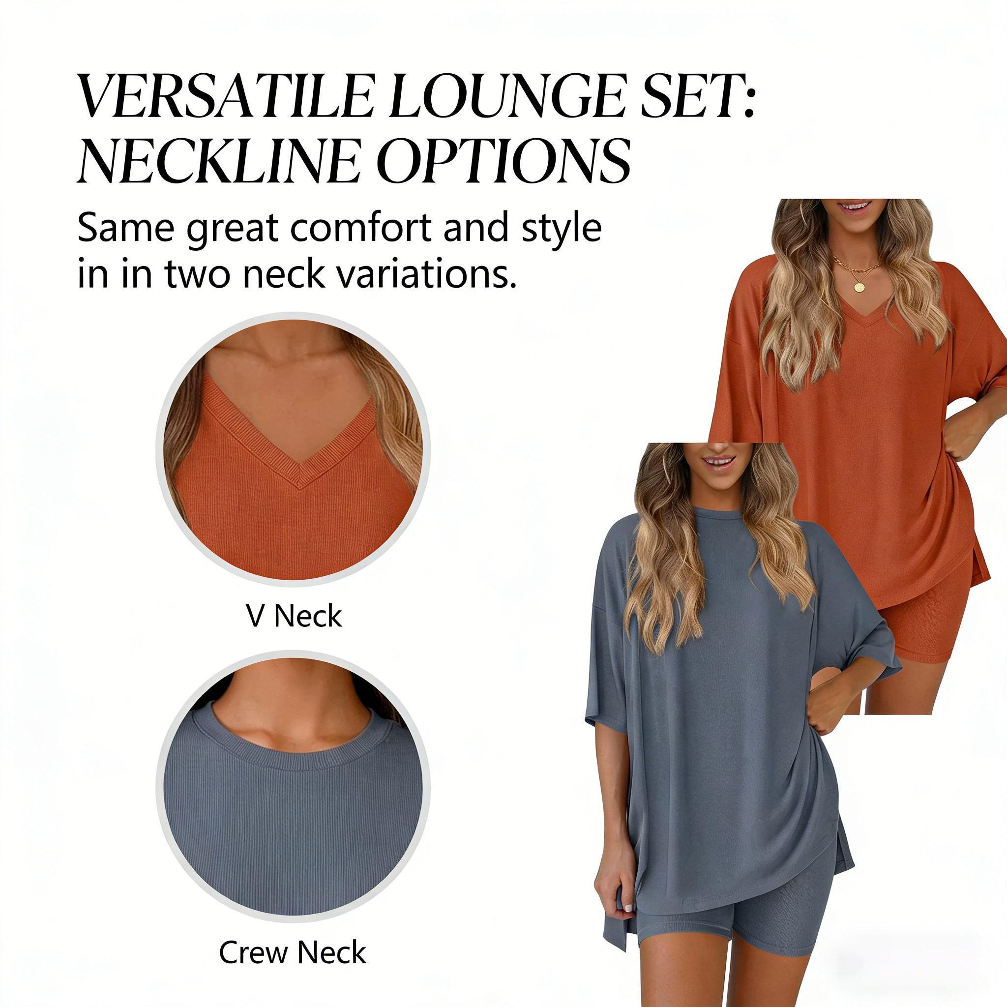 Women’s summer crewneck two-piece loungewear set, ideal for home relaxing. Features an oversized split-hem top and biker shorts with side pockets. Made of soft viscose, it’s lightweight and easy to care for.