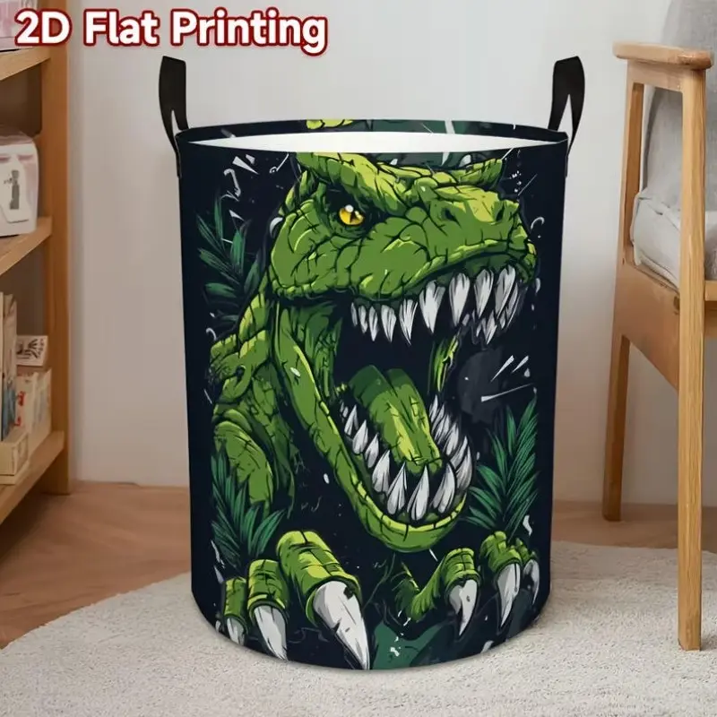 1pc Dinosaur Print Foldable Hamper - Large Capacity Round Laundry Basket with Sturdy Handle, Polyester Canvas Suitable for Room,, Bedroom, Toys & Clothes Storage