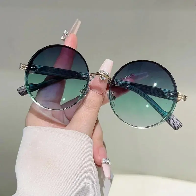 Vintage Rimless Round Gradient Green Sunglasses for Ladies, Rhinestone Decor Metal Temple Circle Sun Glasses, Fashion UV Protection Rimless Shades for Travel Beach Party Daily Wear