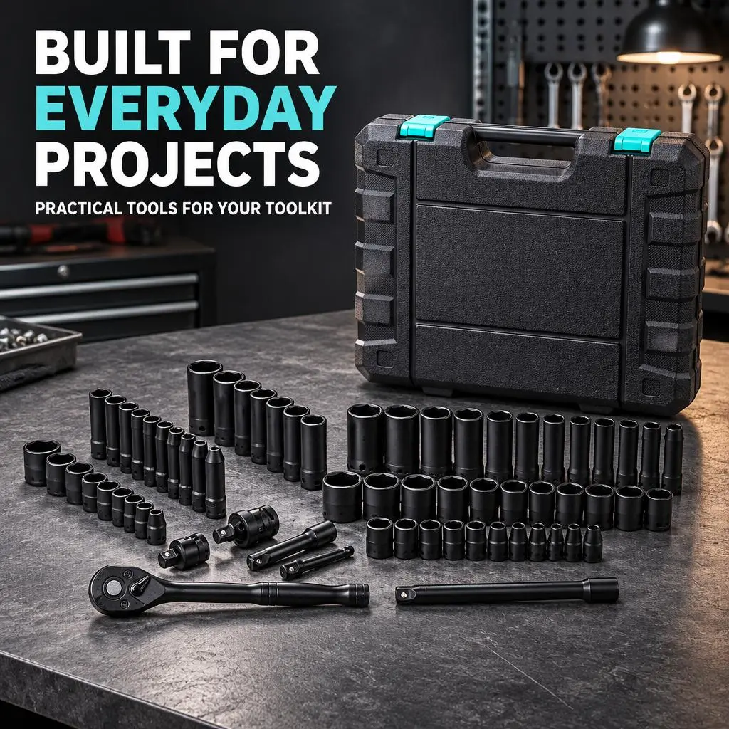 3/8" Drive 64-Piece Impact Socket Set – SAE (5/16"-1") & Metric (6-24mm) Deep Sockets for Impact Wrenches – Automotive & Industrial Mechanic Tool Kit