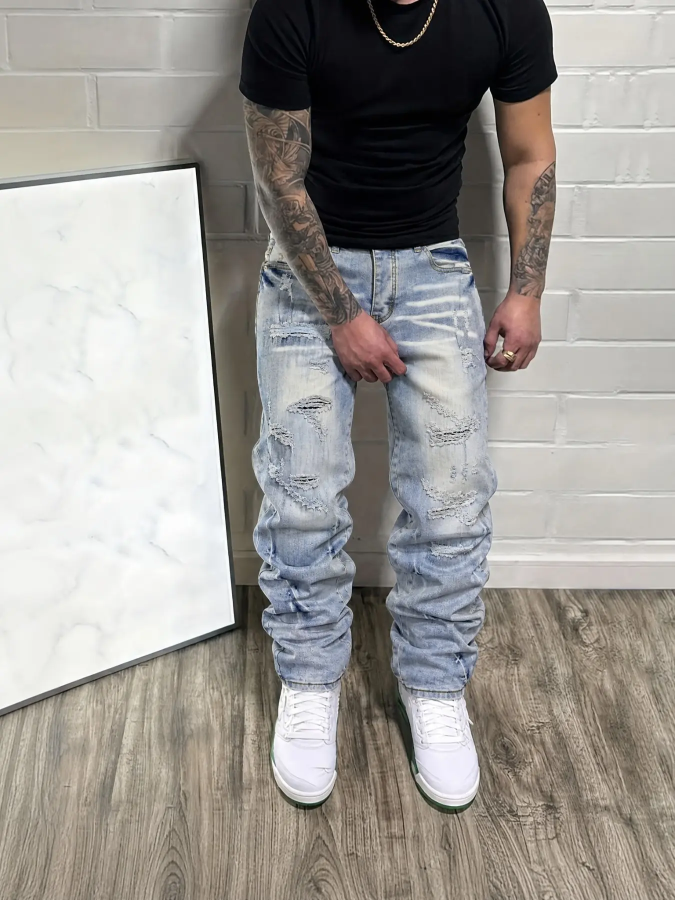 Men's American High Street Ripped Denim Jeans, Faded Light Blue Washed High Waist Slim Fit Straight Leg, Casual Hip Hop Skateboard Pants