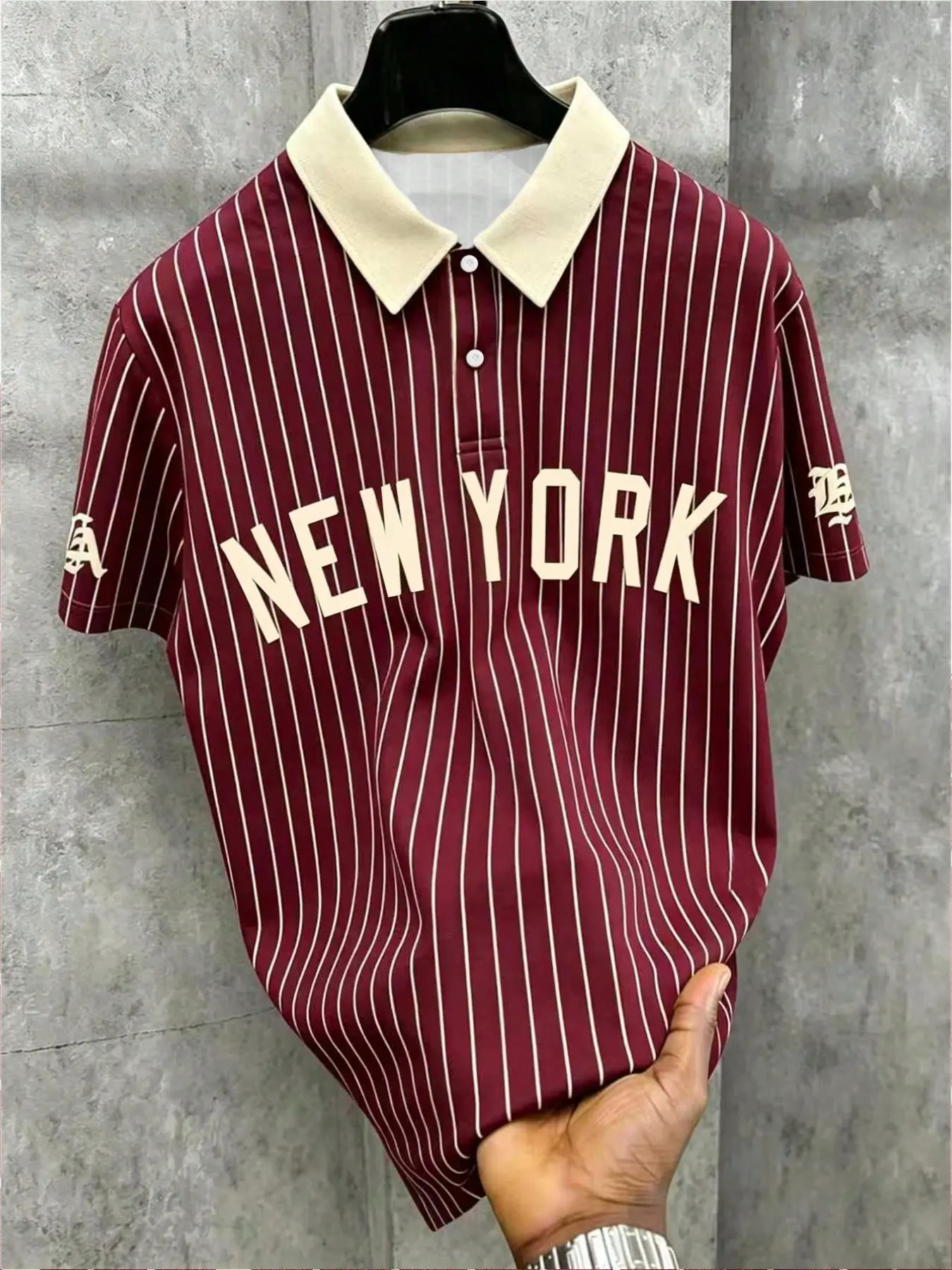 Men's Vertical Stripe New York Letter Polo Shirt, American Retro Baseball Style, Casual Short Sleeve, Slim Fit, Vintage Streetwear