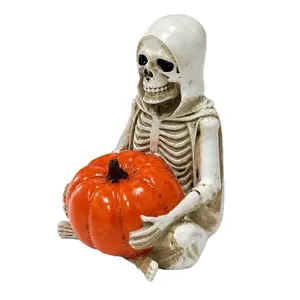Skeleton Holding Pumpkin Statue, Cloaked Reaper Skeleton Ornament, Resin Craft, Halloween Indoor Outdoor Decor, Unique Collectible, Home Garden Party Decoration