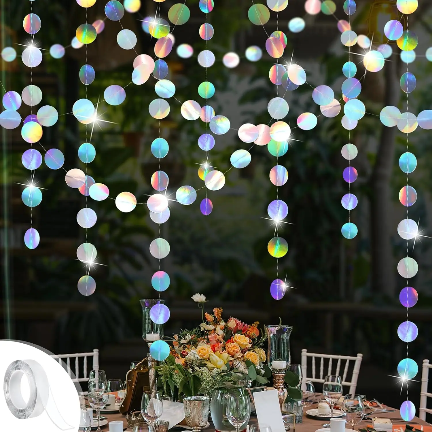 4 Pack Iridescent Party Decorations Holographic Circle Garlands |   with Tape,Perfect for Music Themed Party,Disco Birthday Party Decoration,Euphoria Parties,Graduation