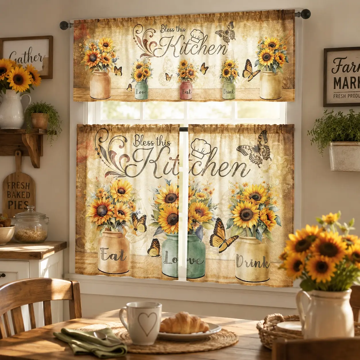 3pcs Curtain, Watercolor Plants, Sunflowers, Modern Kitchen, Curtain Rods, Pockets, Home Decoration, Living Room, Bedroom, Dining Room, Cafe, Study Decoration