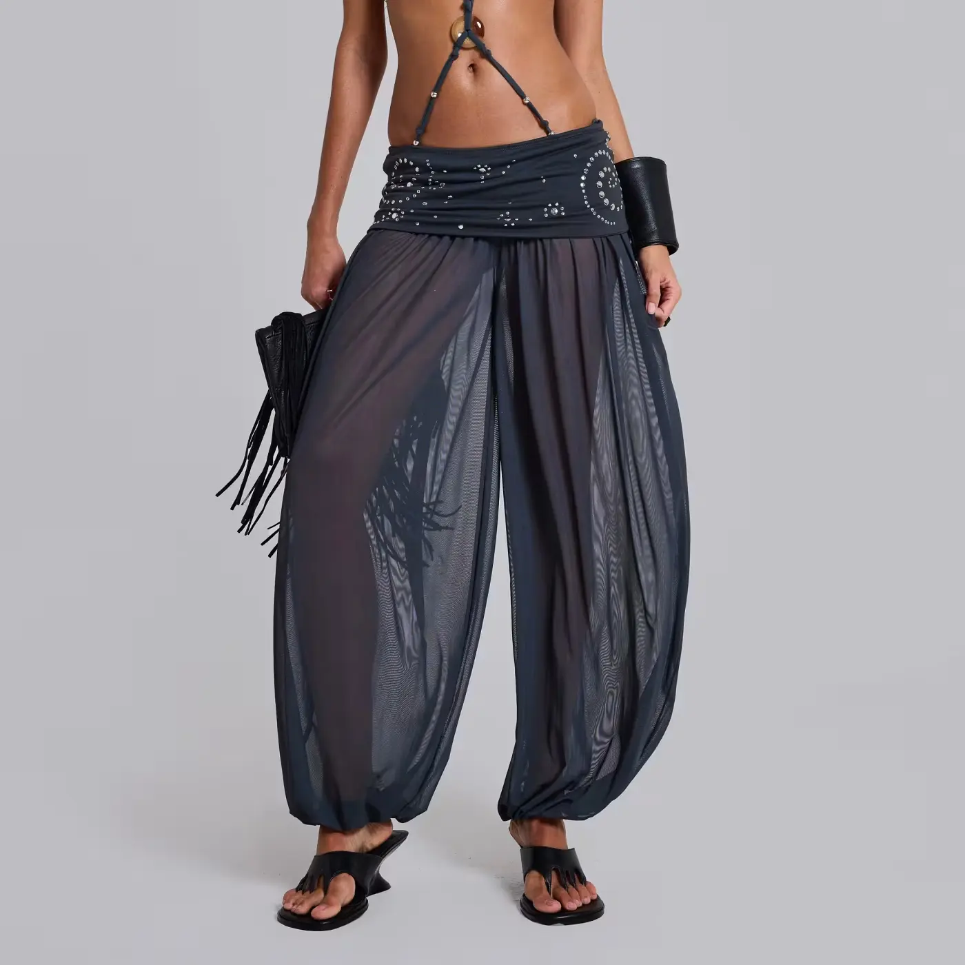 Women's Polyester Sheer Studded Harem Pants - Fold Waist, Mesh Balloon Design, Loose Fit, Perspective Trousers for Ladies (Womenswear Bottom), Lady