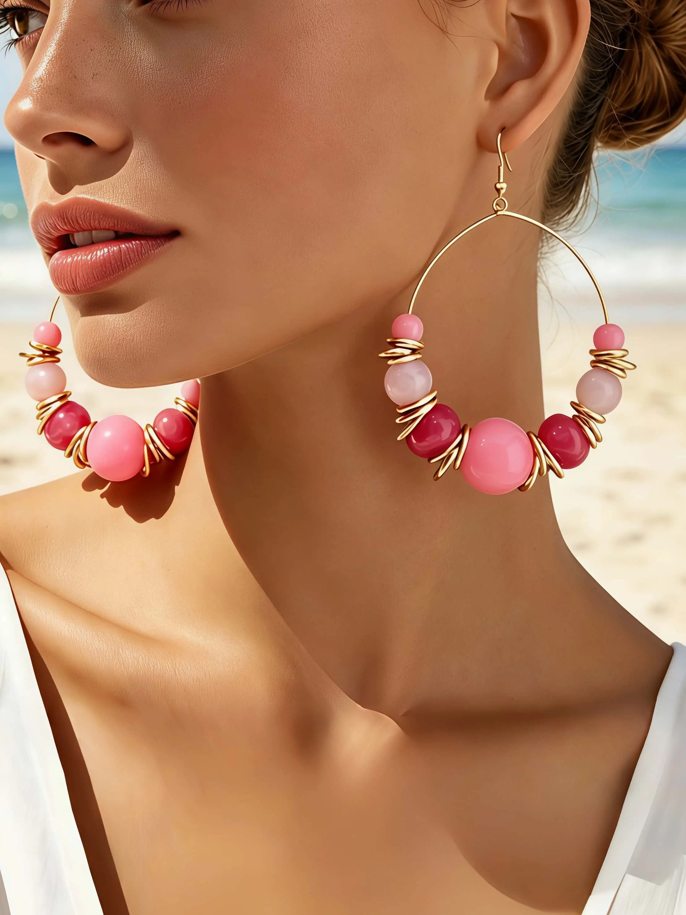 Women's Fashion Earrings, Colorful Beaded Large Circle Earrings, Gradient Round Beads, Bohemian Style, Daily Wear, Party Accessories