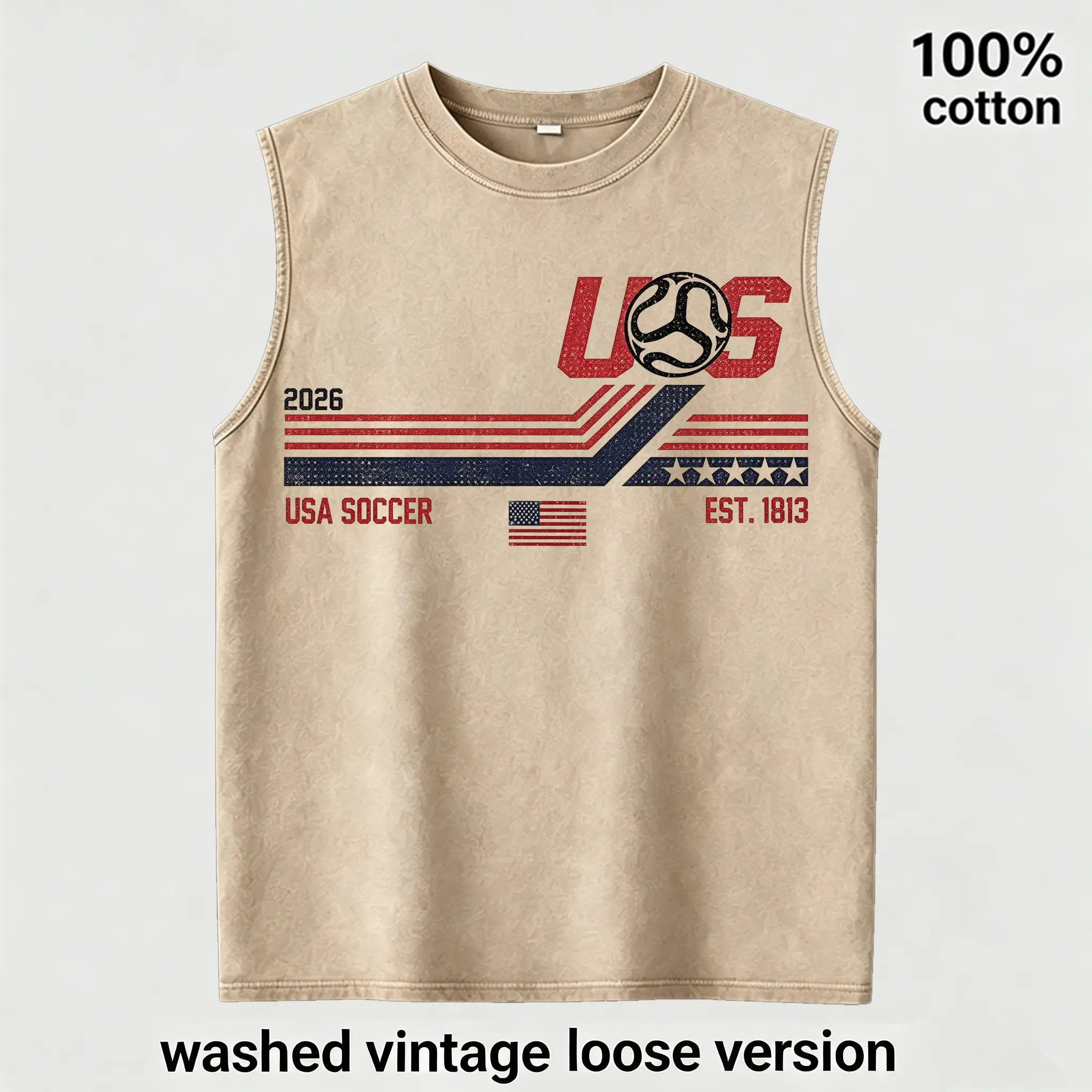 Men's Vintage Washed Tank Top USA Soccer 2026 Graphic Muscle Shirt 100% Cotton Blockcore Sporty Sleeveless Tee