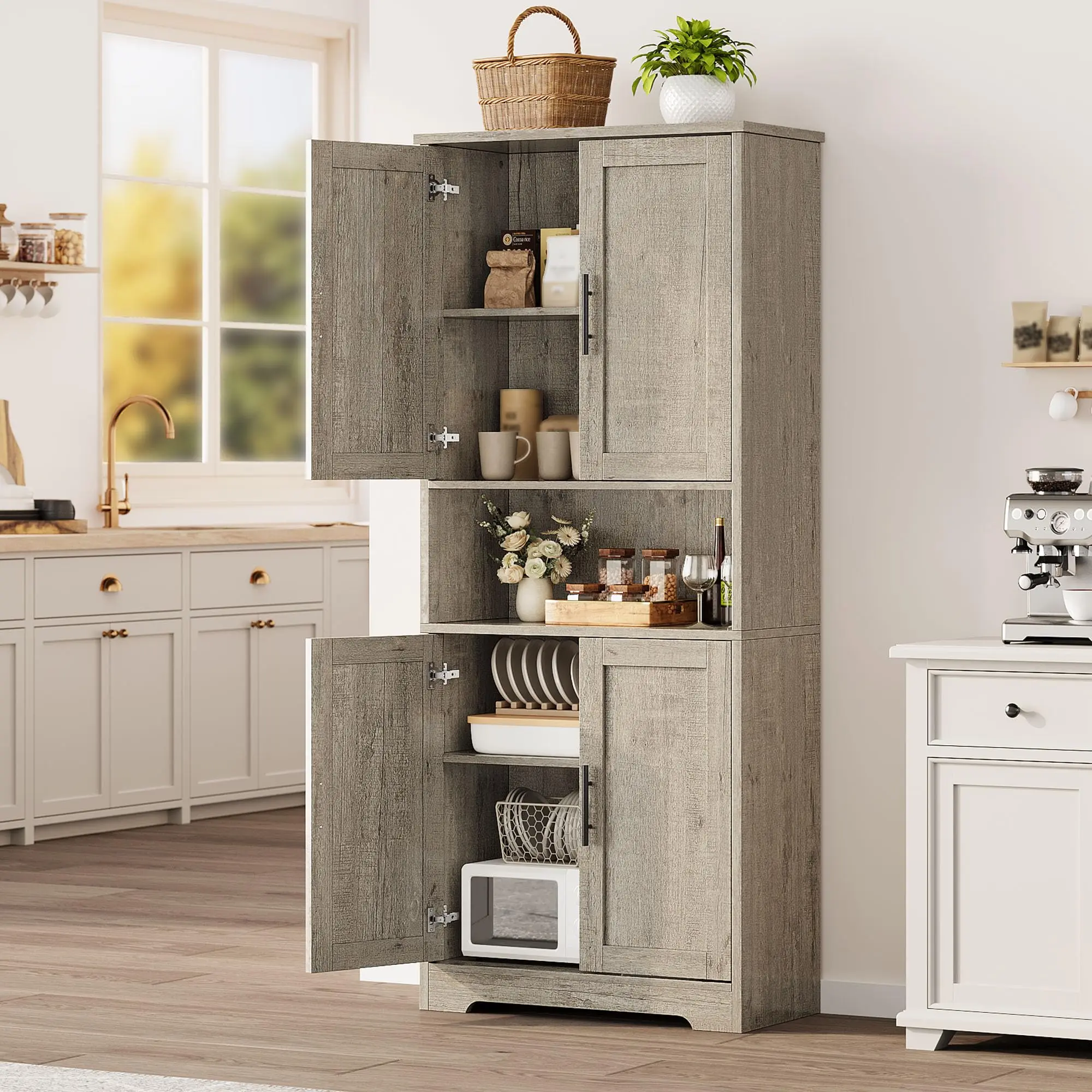 Garvee Tall Storage Cabinet 70-inch Kitchen Pantry with Doors and Adjustable Shelves, Rustic Gray Wooden Cupboard for Dining Room and Living Room Organization