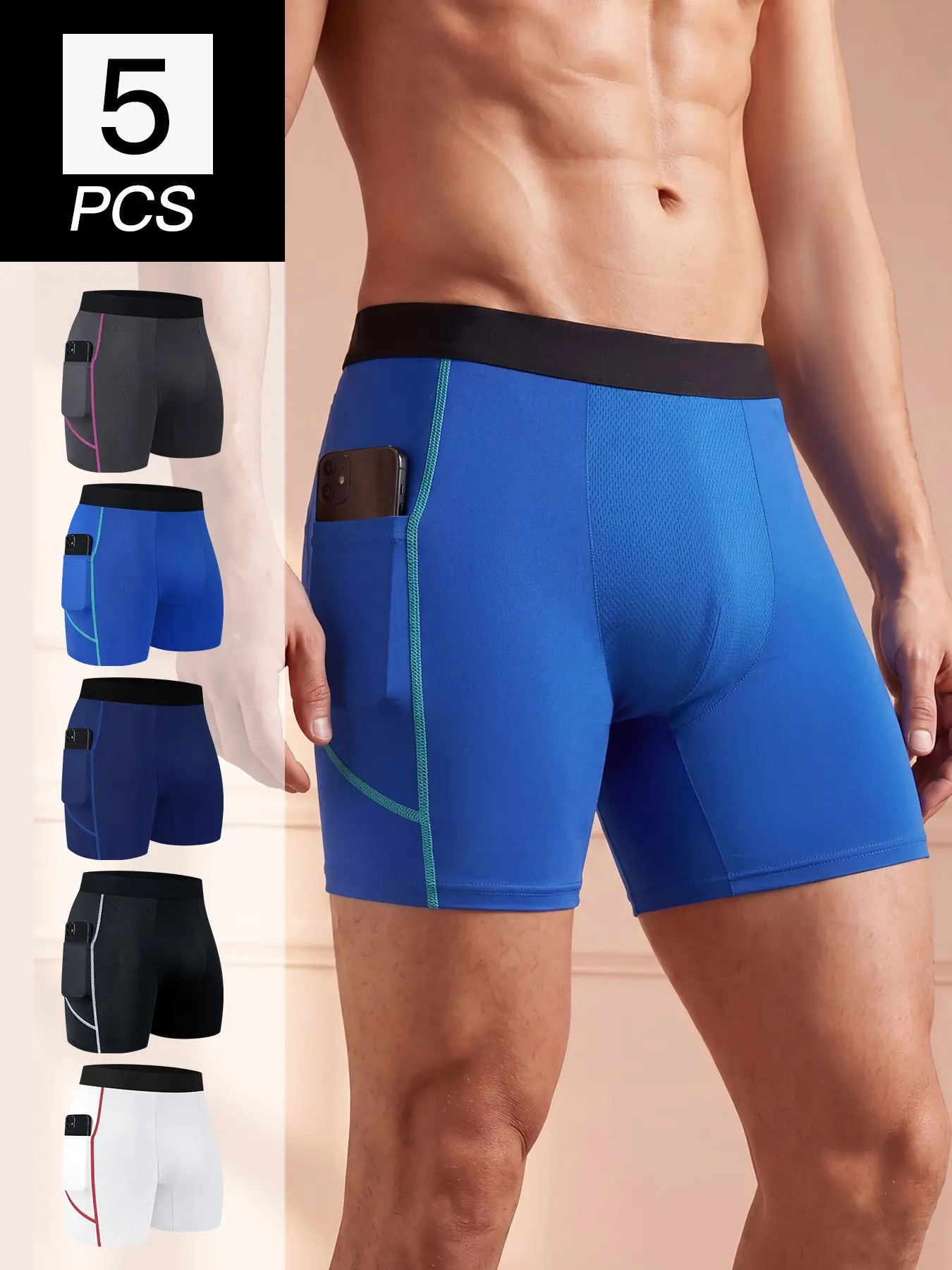 5 Pcs/Pack Men's Boxer Briefs with Phone Pocket, Long Leg Athletic Sporty Underwear, Quick Dry Breathable Moisture Wicking Stretch Trunks, No Ride Up Anti Chafing Underwear for Gym Running Cycling Daily Wear