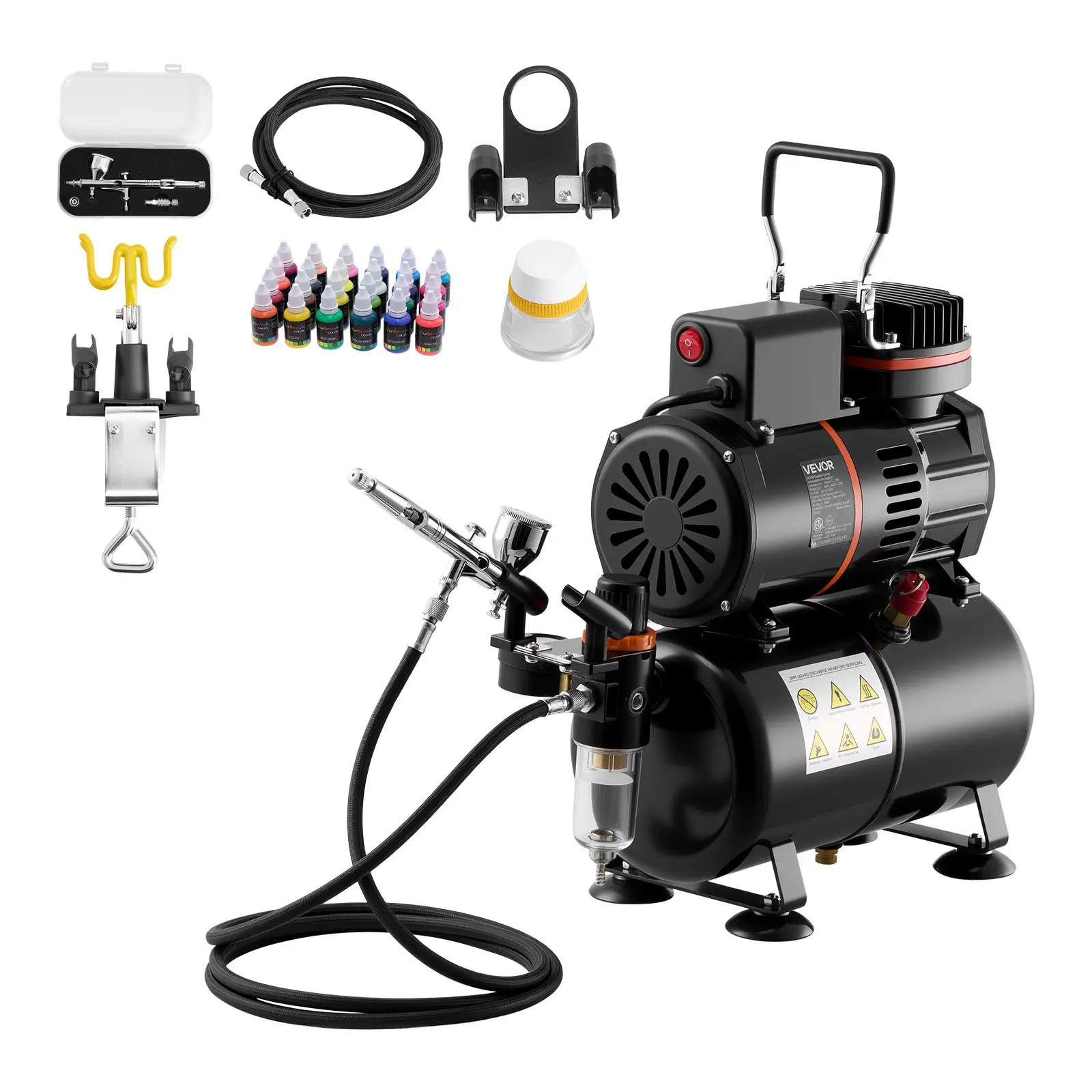 VEVOR Professional Airbrush Kit with 1/6 HP Air Compressor, Tank, 1 Dual-Action Airbrush (1 Tip), Hose, Acrylic Paint, 2 Fans for Cake Decorating, Model Painting, 1/6 Hp Motor