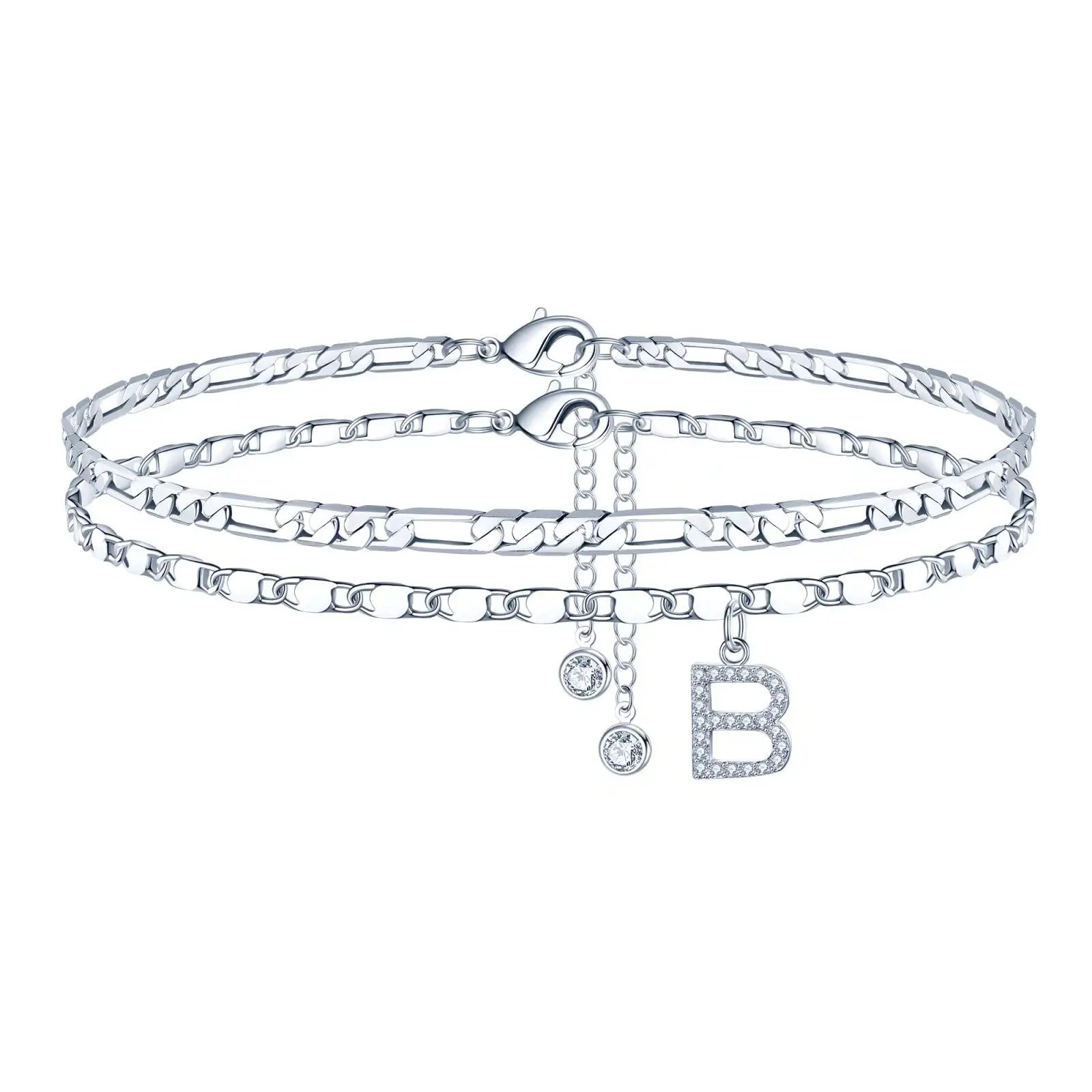 Women's Personalized Initial Layered Silver Figaro Chain Adjustable Anklet for Women, Costume Jewelry Ankle Bracelet, Anklets For Women
