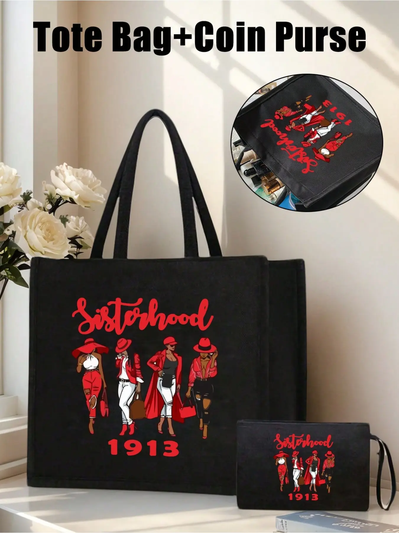 Sisterhood 1913 Classic Large Capacity Handbag, Women's Multifunctional Commuter Bag, Sisterly Love Print, Lightweight Travel Beach Bag