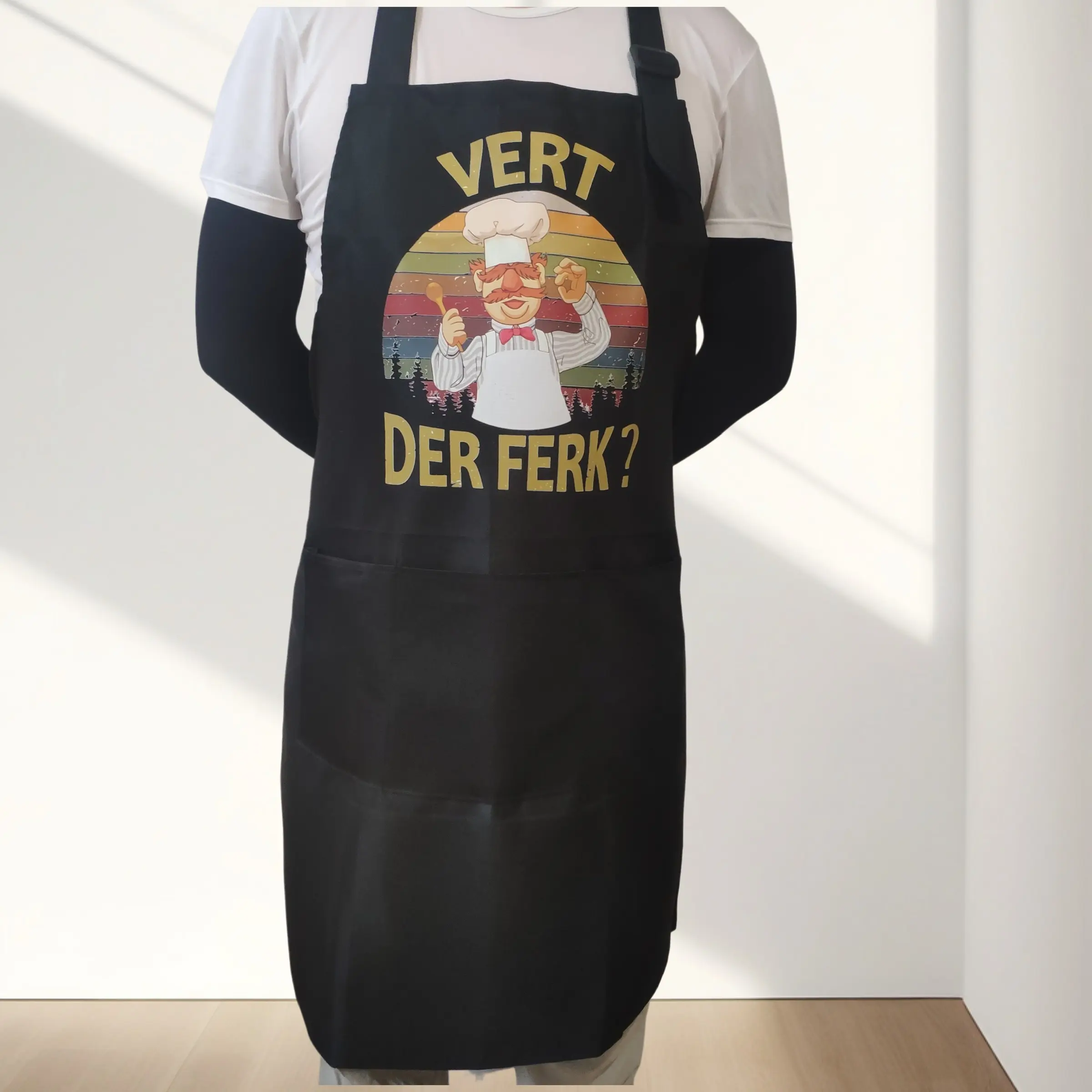 Swedish Chef Apron With 3 Pockets & Adjustable Neck Strap,1 Count Polyester Muppet Apron With Slogan"Vert Der Ferk", Unisex BBQ Apron, Funny Apron, Christmas Gift,Kitchen Essential,Cleaning Tool, BBQ Grill Apron