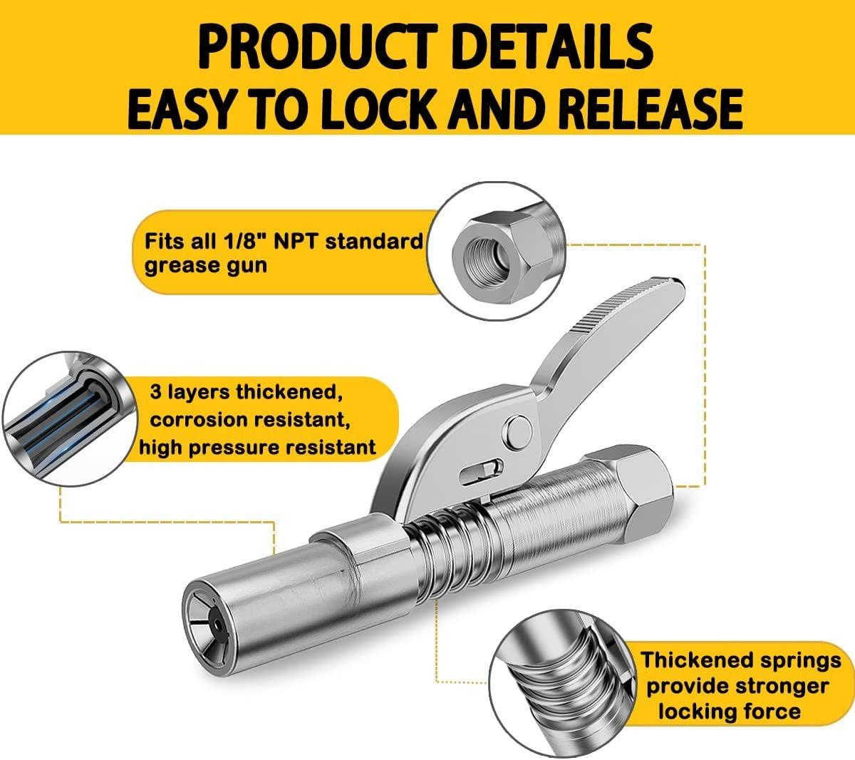 Coupler 2 count,  Lock on Greases  Couplers, 12000 PSI Quick Release  Coupler with 12" Spring Flex Hose, Compatible with All   1/8" NPT   Fittings