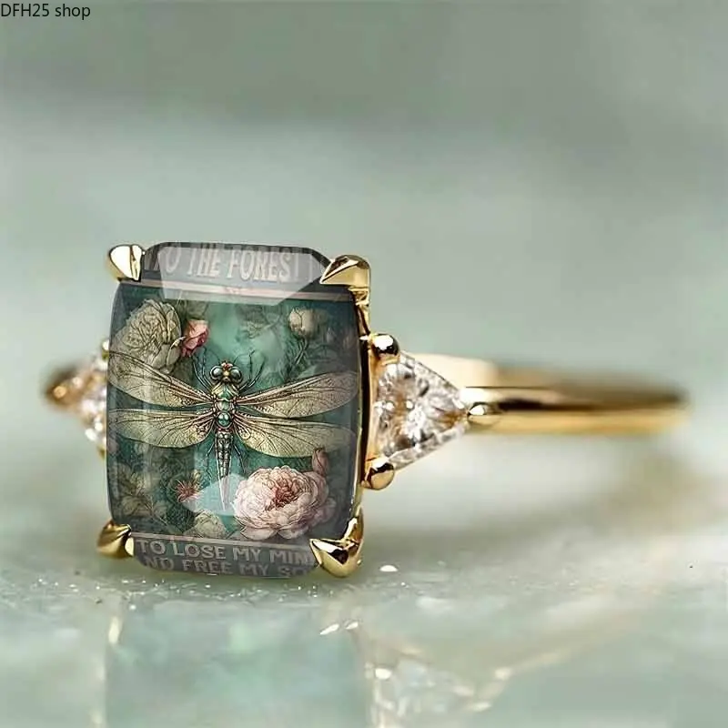 Vintage Dragonfly Floral Square Ring Gold Plated Alloy Band With Artistic Pattern Crystal Detail Statement Jewelry For Women Daily Wear Fashion Accessory Gift Elegant Retro Design