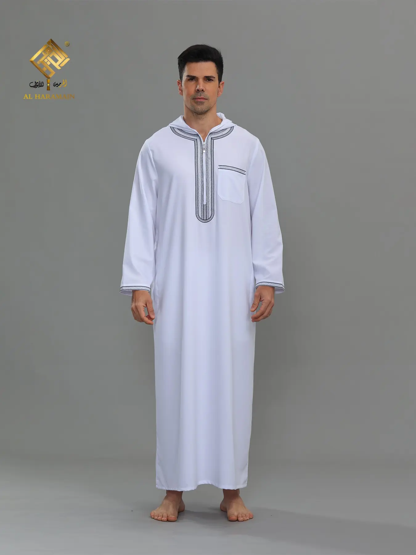 Men's Arab Robe with Hat, Embroidered Design, Breathable Loose Fit, Muslim Prayer Dress, Suitable for Daily Wear, Mosque, Ramadan, Hajj